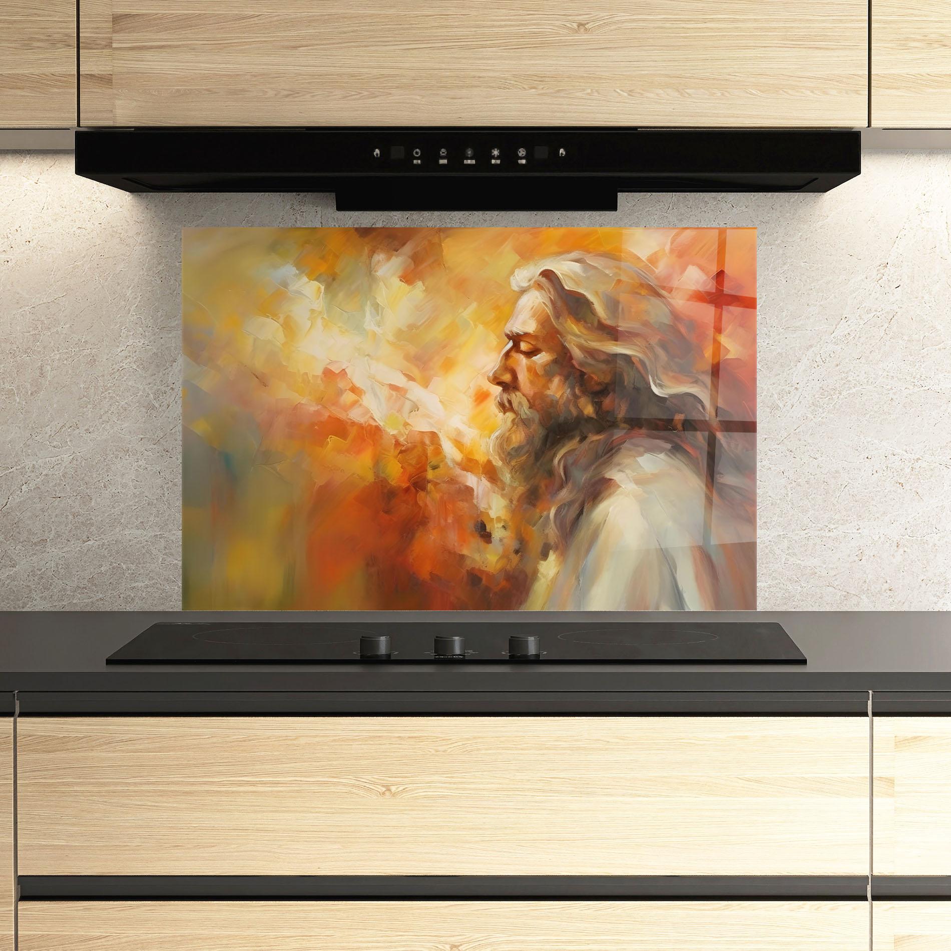 Konyhai üveg hátfal Christ Oil Painting mockup 3