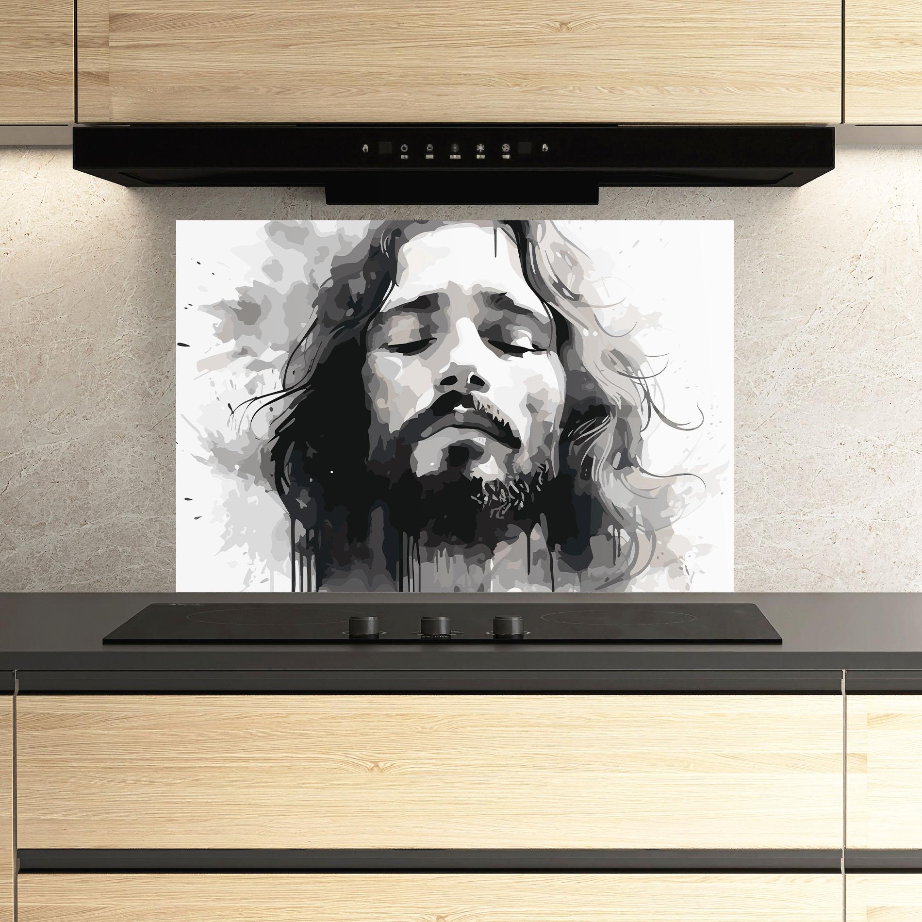 Konyhai üveg hátfal Jesus Ink Art mockup 3