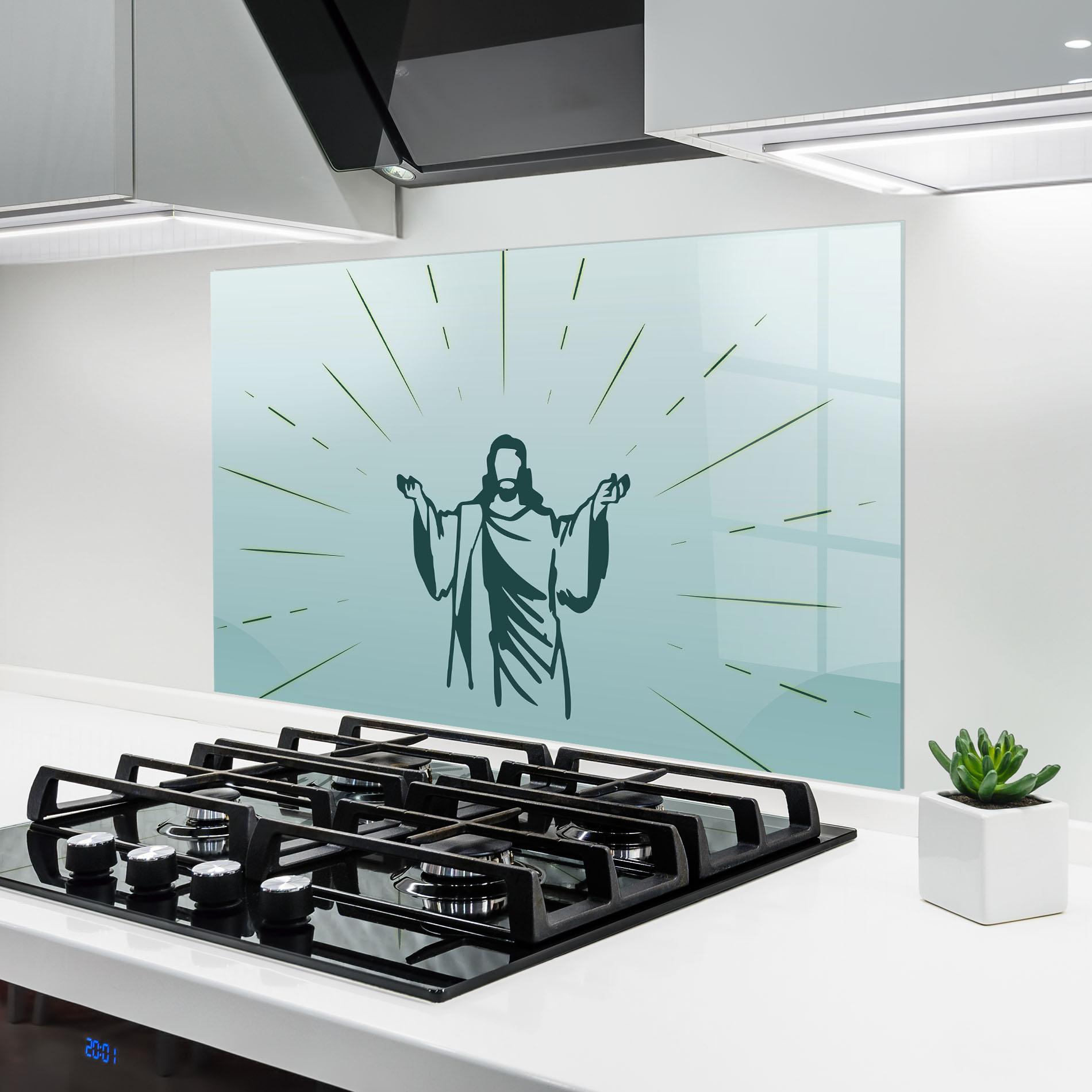 Konyhai üveg hátfal Blue Art Jesus mockup 6