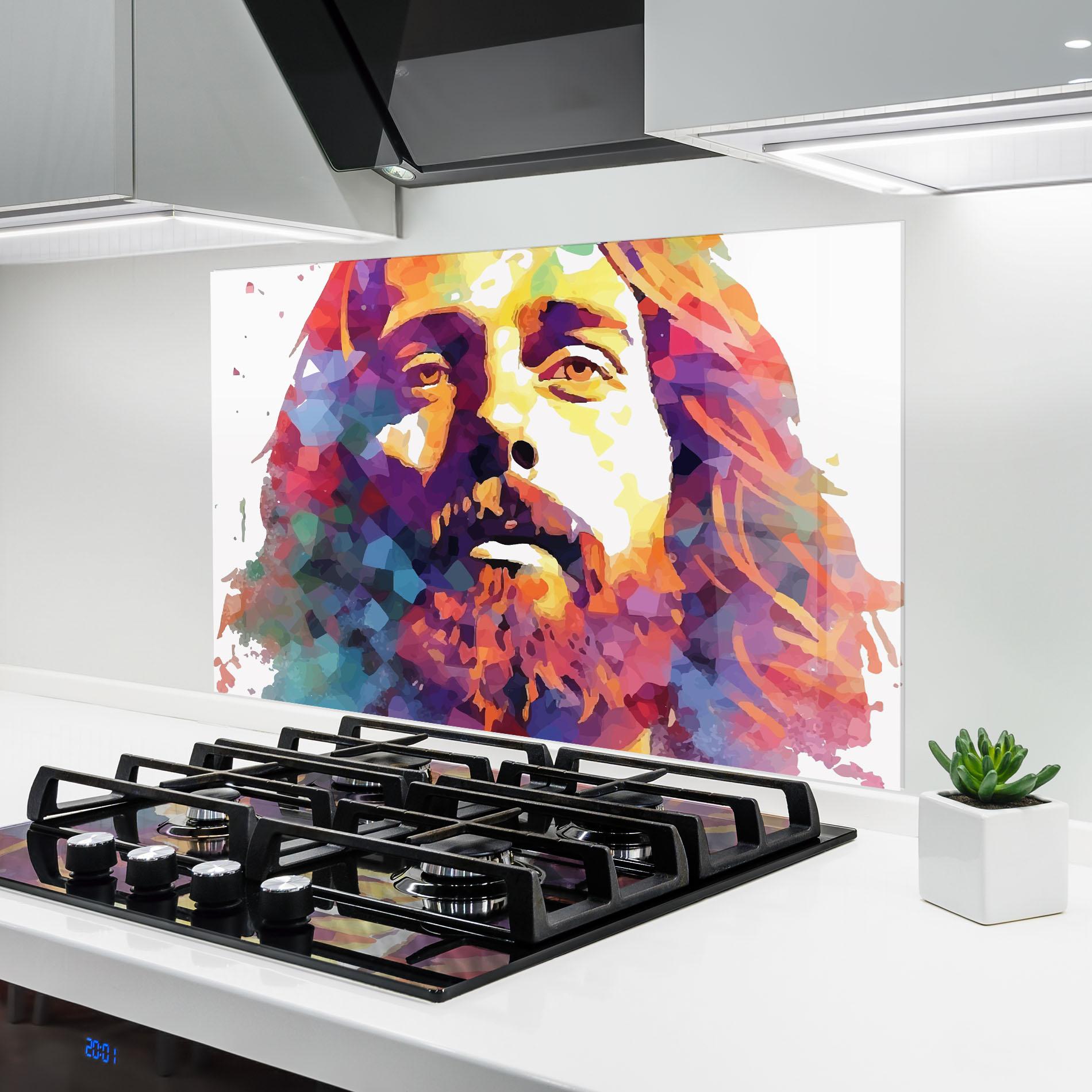Konyhai üveg hátfal Colorful Light Jesus mockup 6