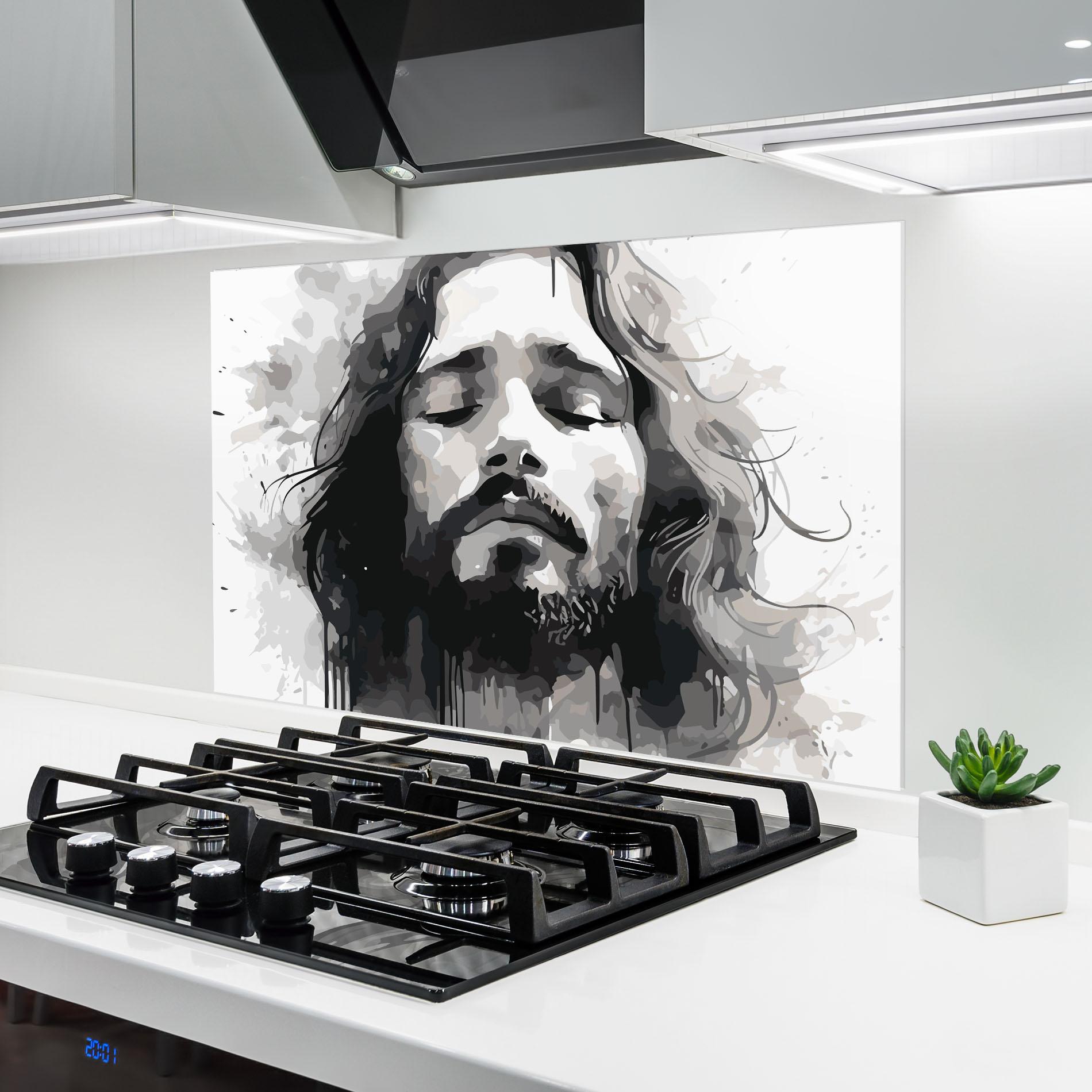 Konyhai üveg hátfal Jesus Ink Art mockup 6