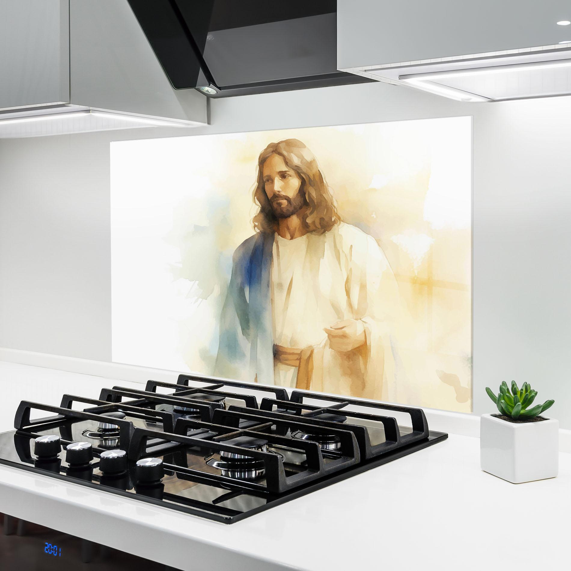 Konyhai üveg hátfal Jesus Light Art mockup 6