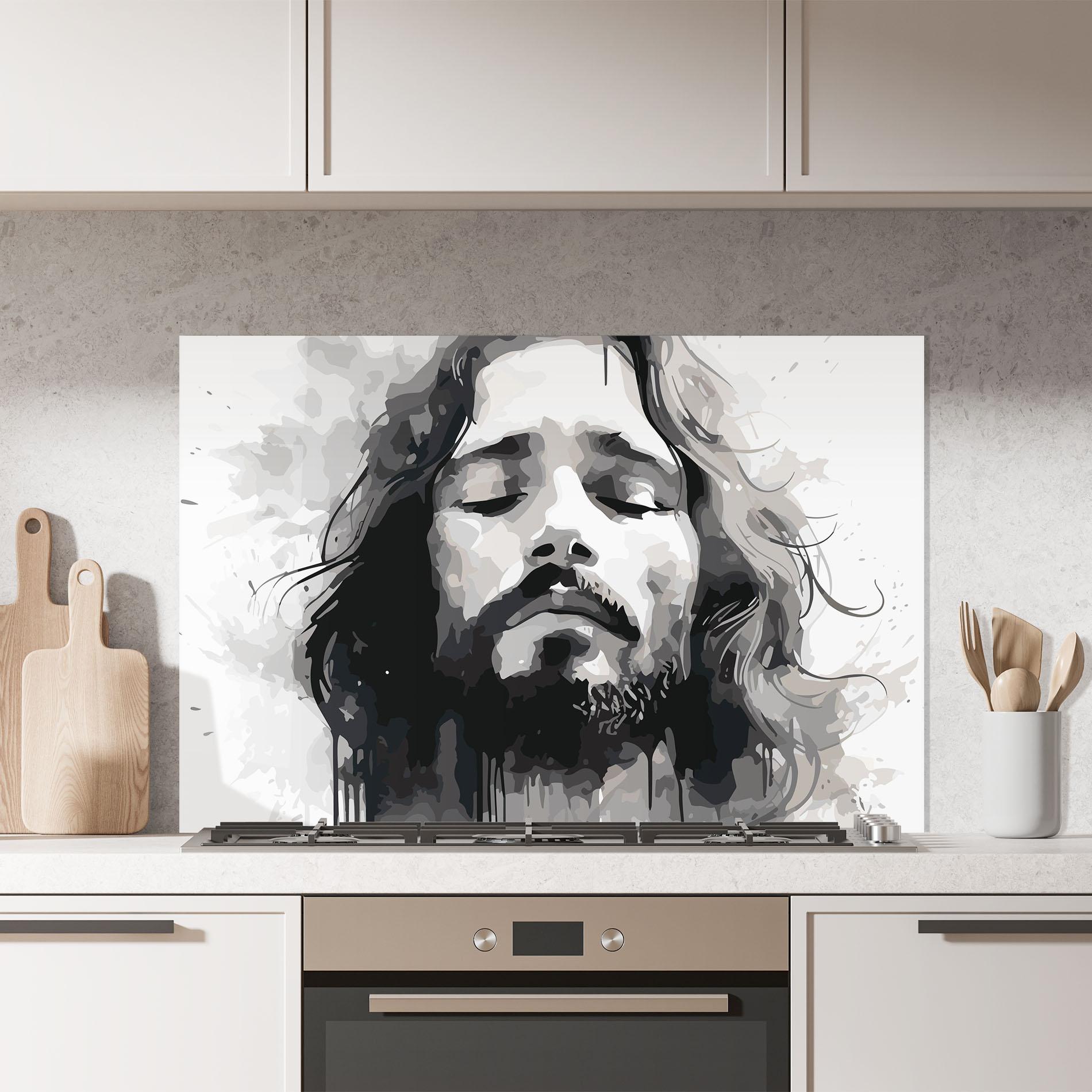 Konyhai üveg hátfal Jesus Ink Art mockup 7