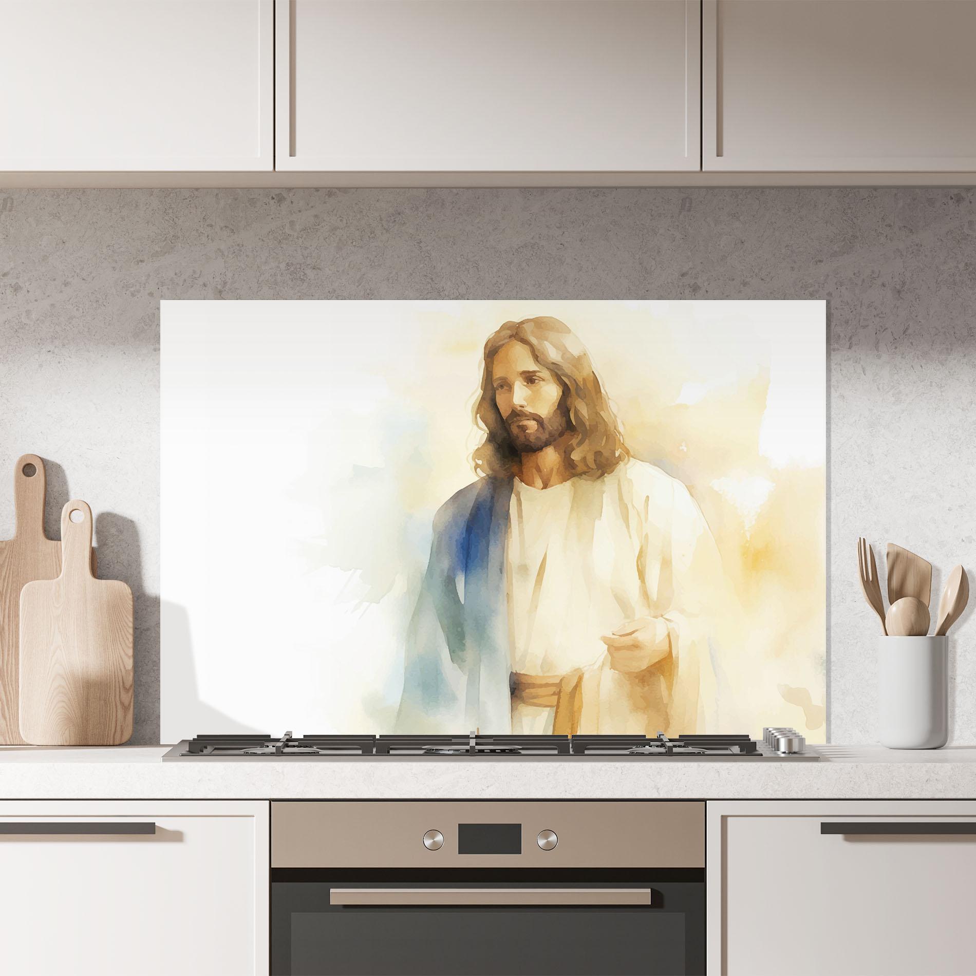 Konyhai üveg hátfal Jesus Light Art mockup 7