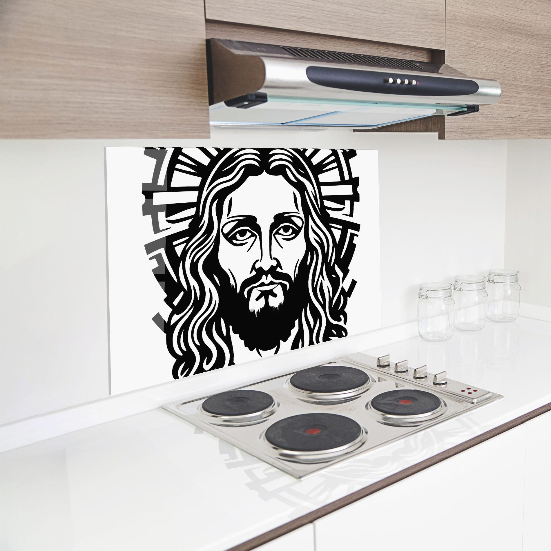Konyhai üveg hátfal Black Line Jesus mockup 8