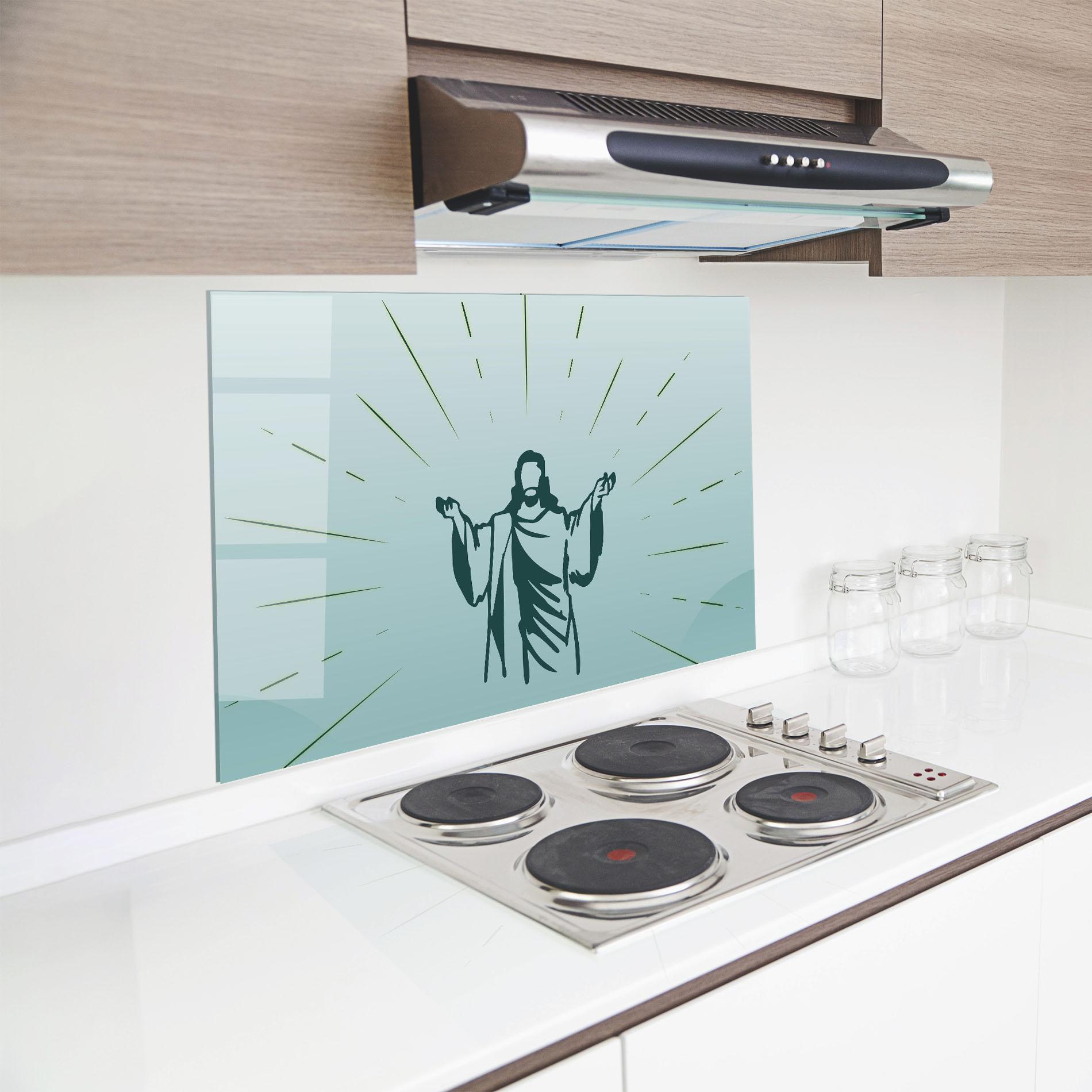 Konyhai üveg hátfal Blue Art Jesus mockup 8