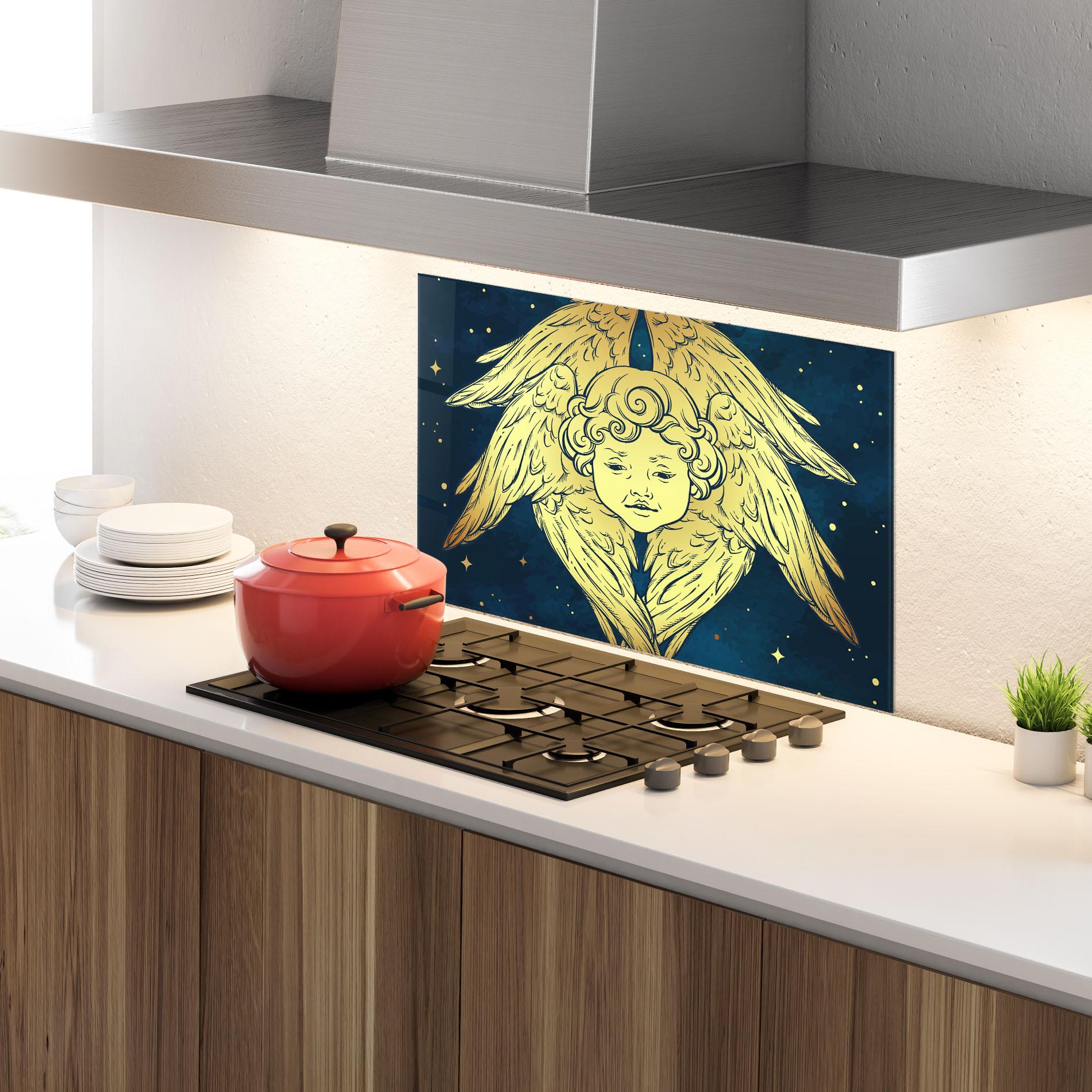 Konyhai üveg hátfal Gold Wings Angel mockup 4