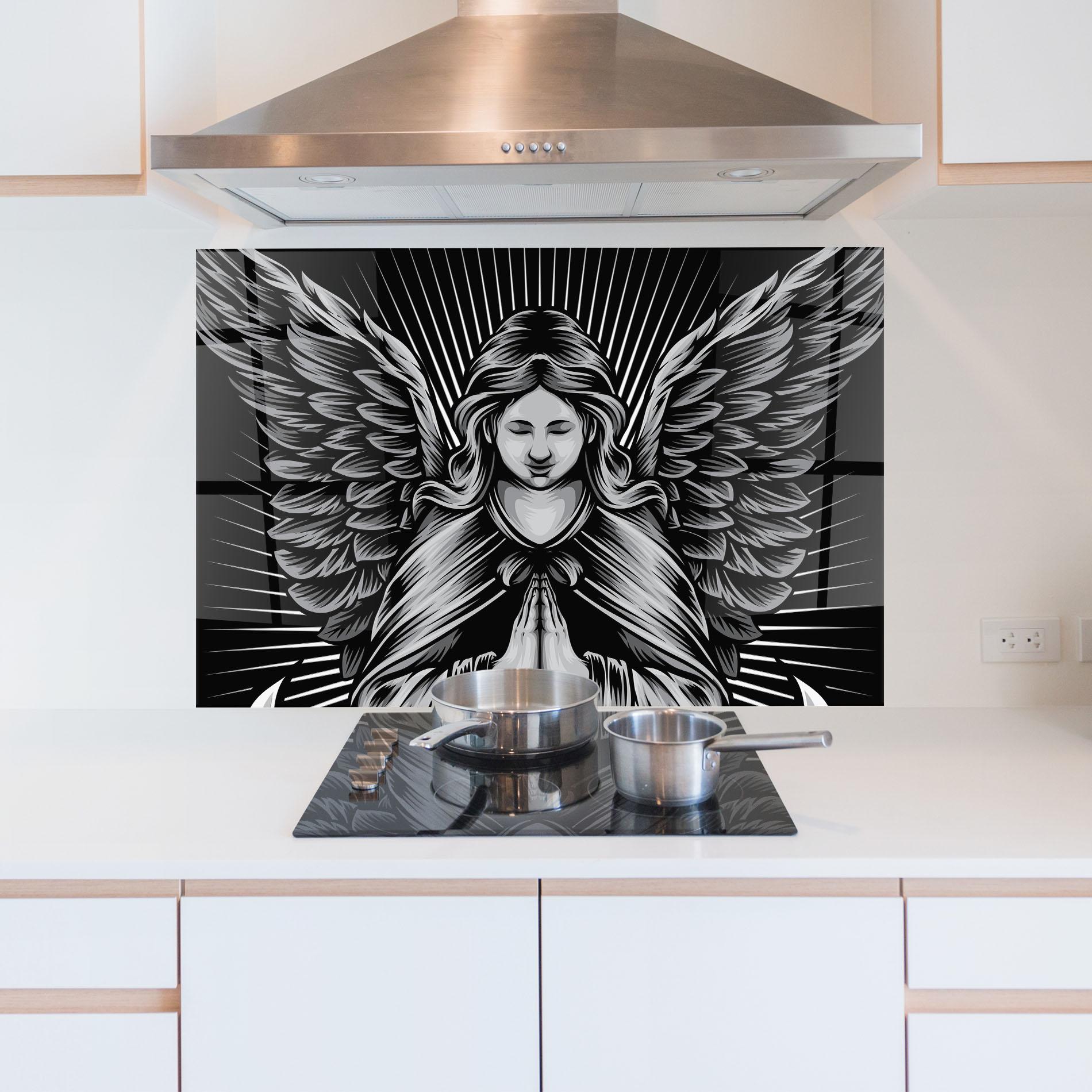 Konyhai üveg hátfal Wings Pray mockup 5