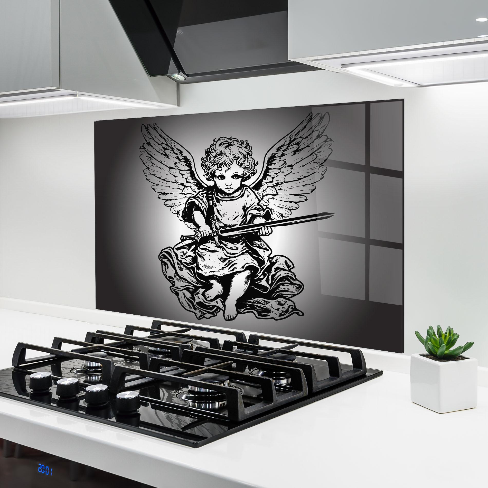 Konyhai üveg hátfal Angel Sword mockup 6