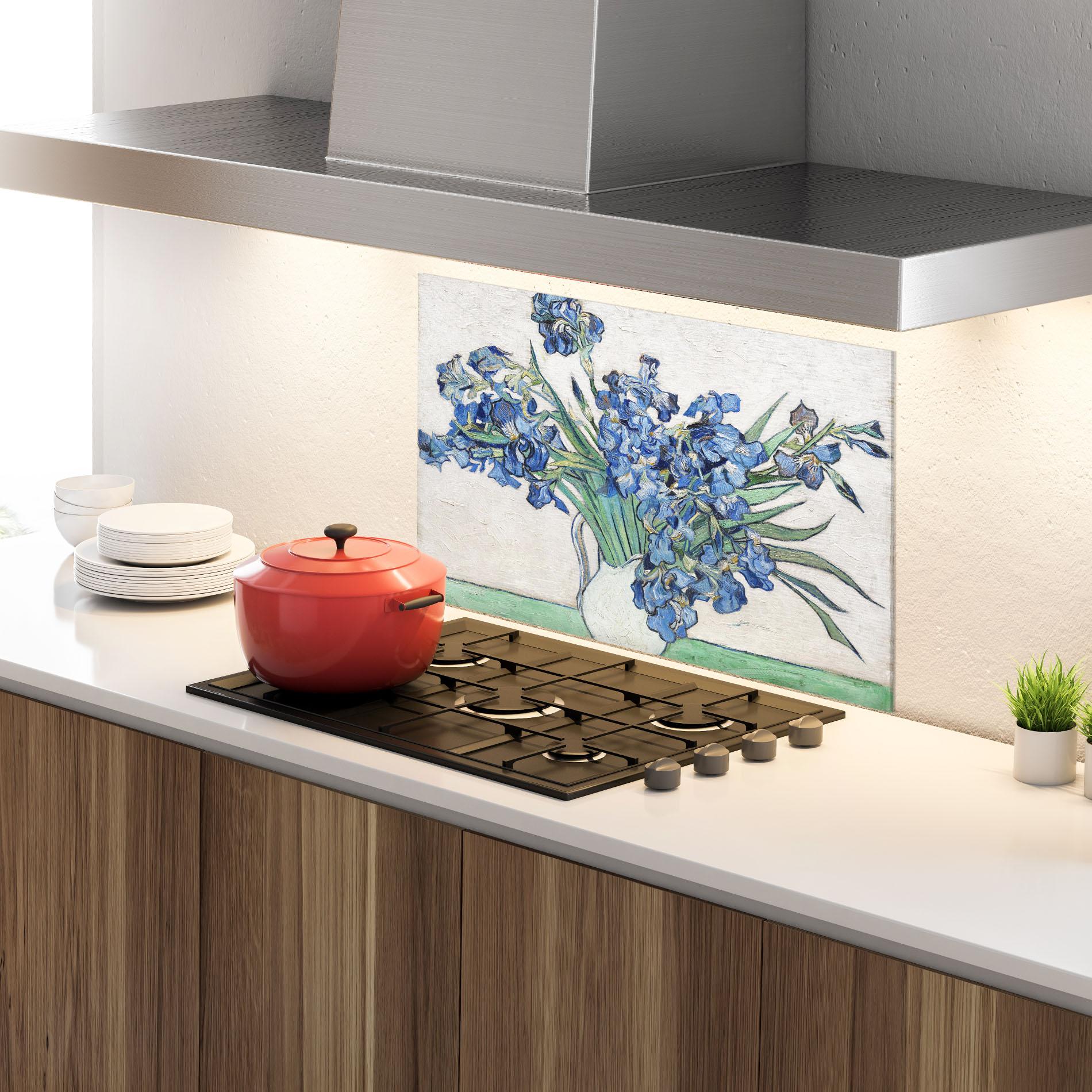 Konyhai üveg hátfal Gogh S Irises mockup 4