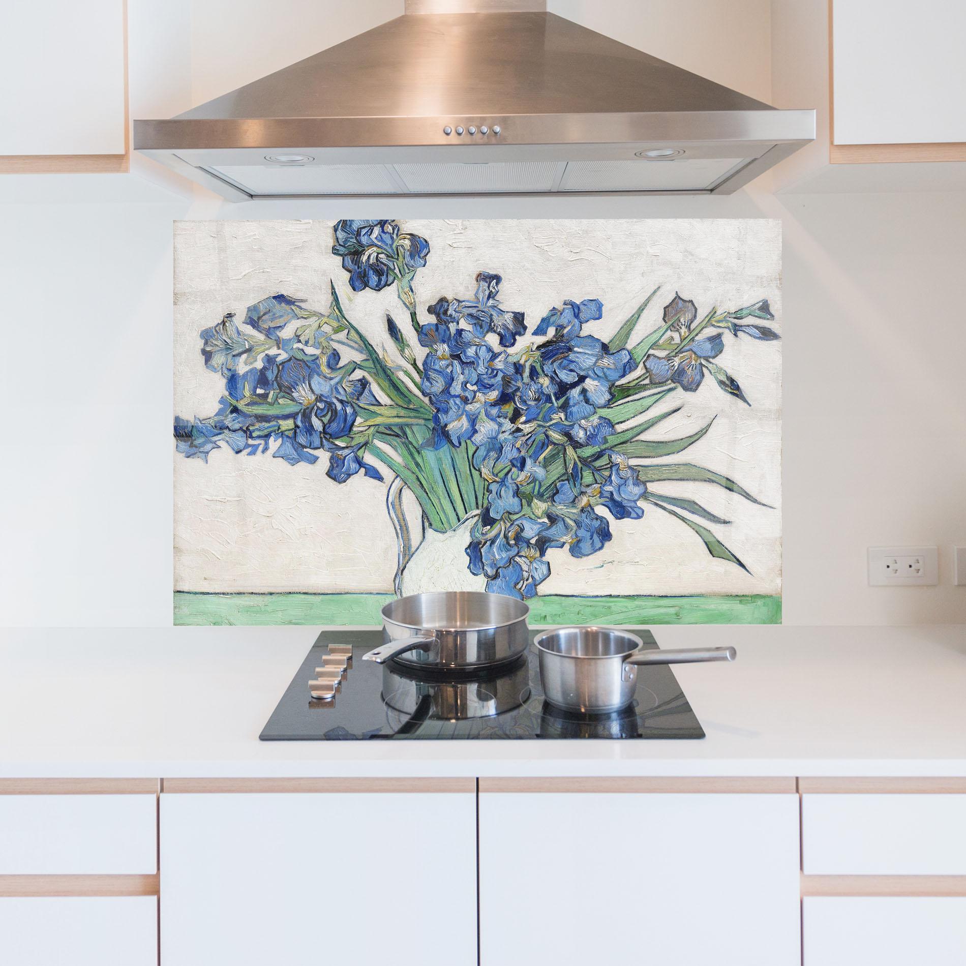 Konyhai üveg hátfal Gogh S Irises mockup 5