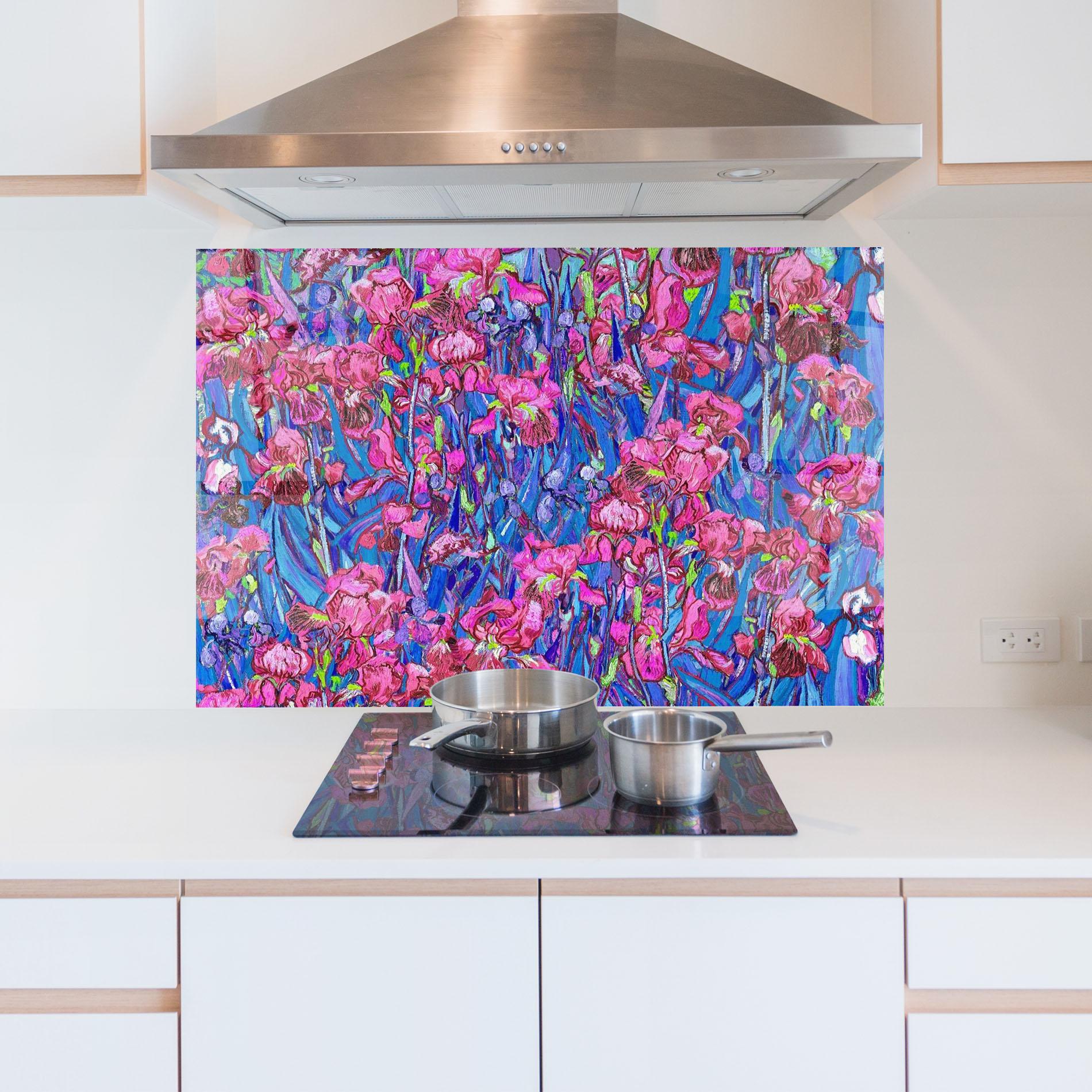 Konyhai üveg hátfal Van Gogh Irises mockup 5