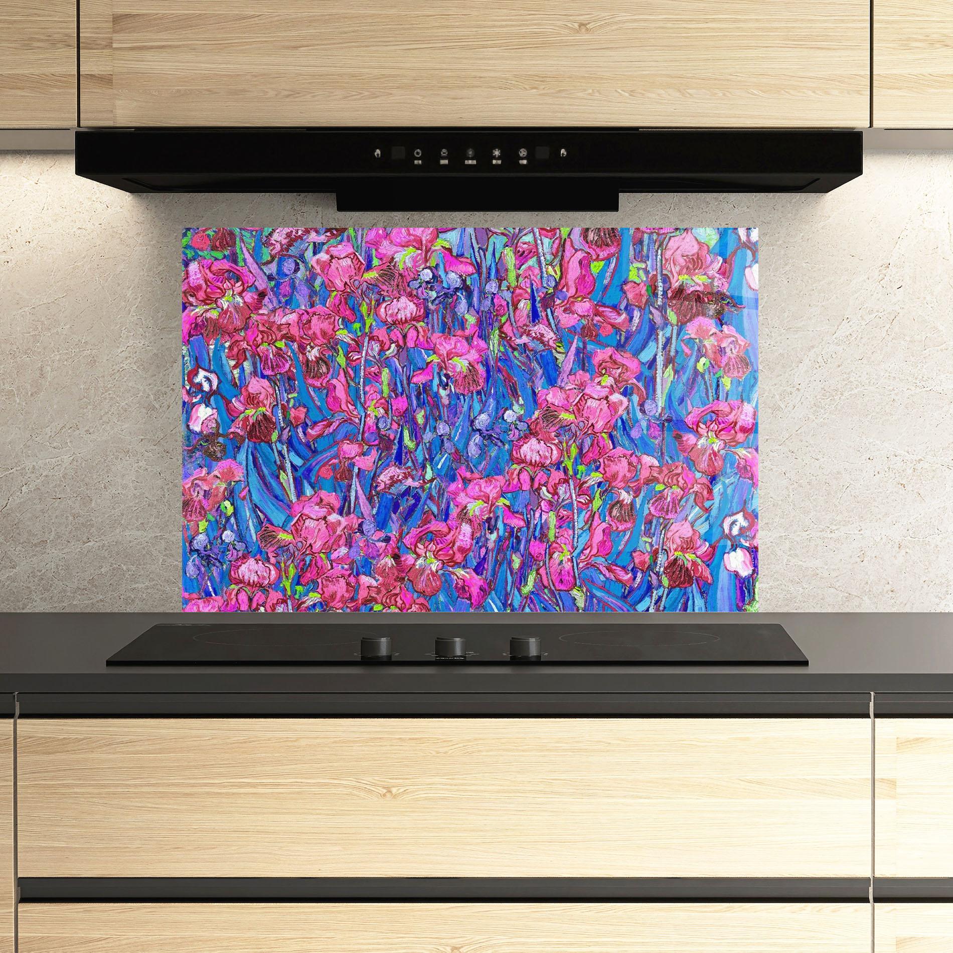 Konyhai üveg hátfal Van Gogh Irises mockup 3