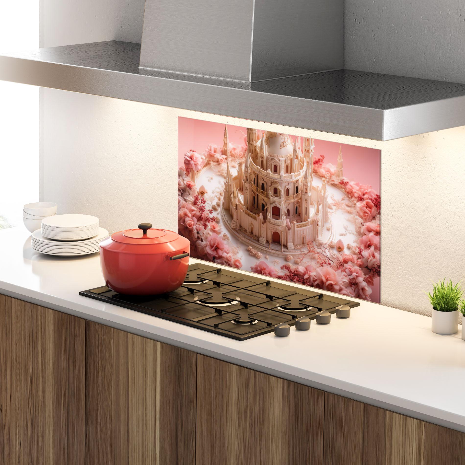 Konyhai üveg hátfal Cream Castle Flower mockup 4