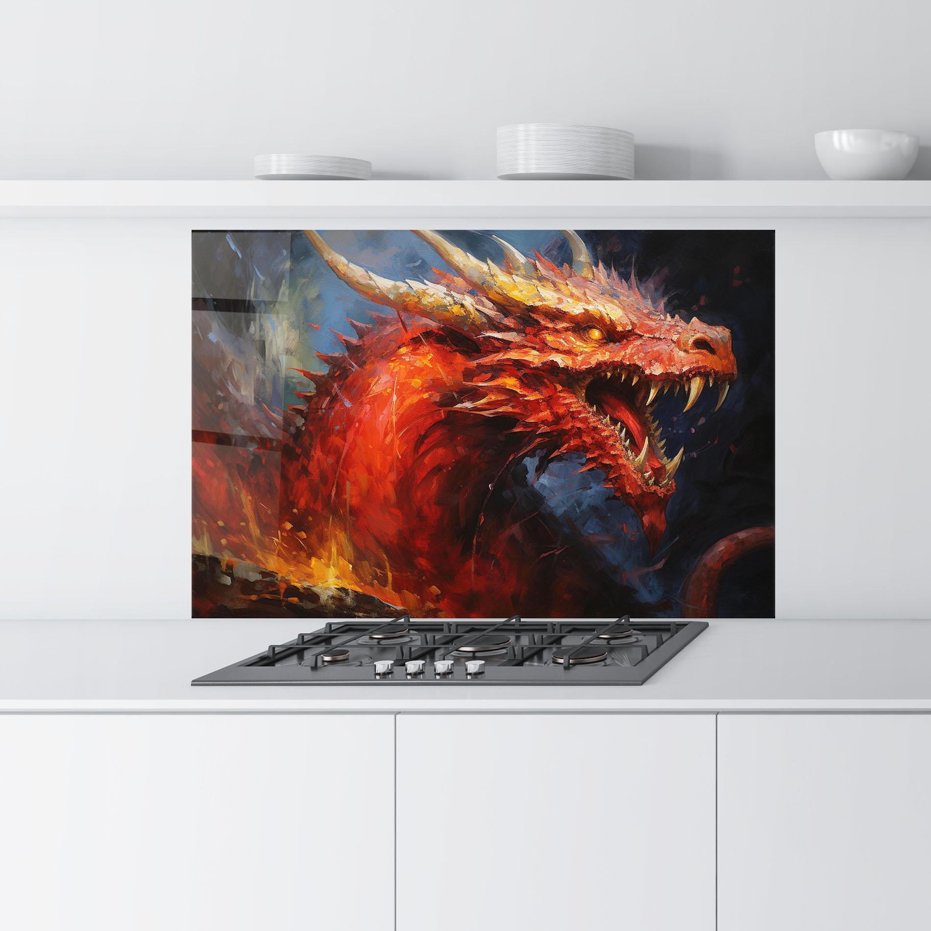 Konyhai üveg hátfal Red Dragon Painting mockup 9