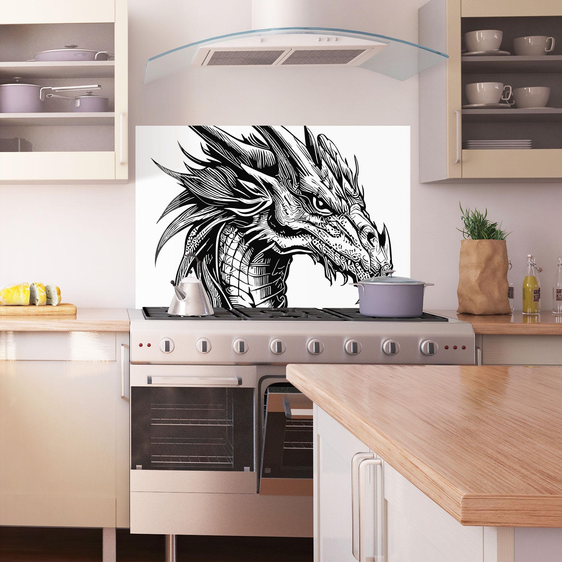 Konyhai üveg hátfal Black Line Dragon mockup 1