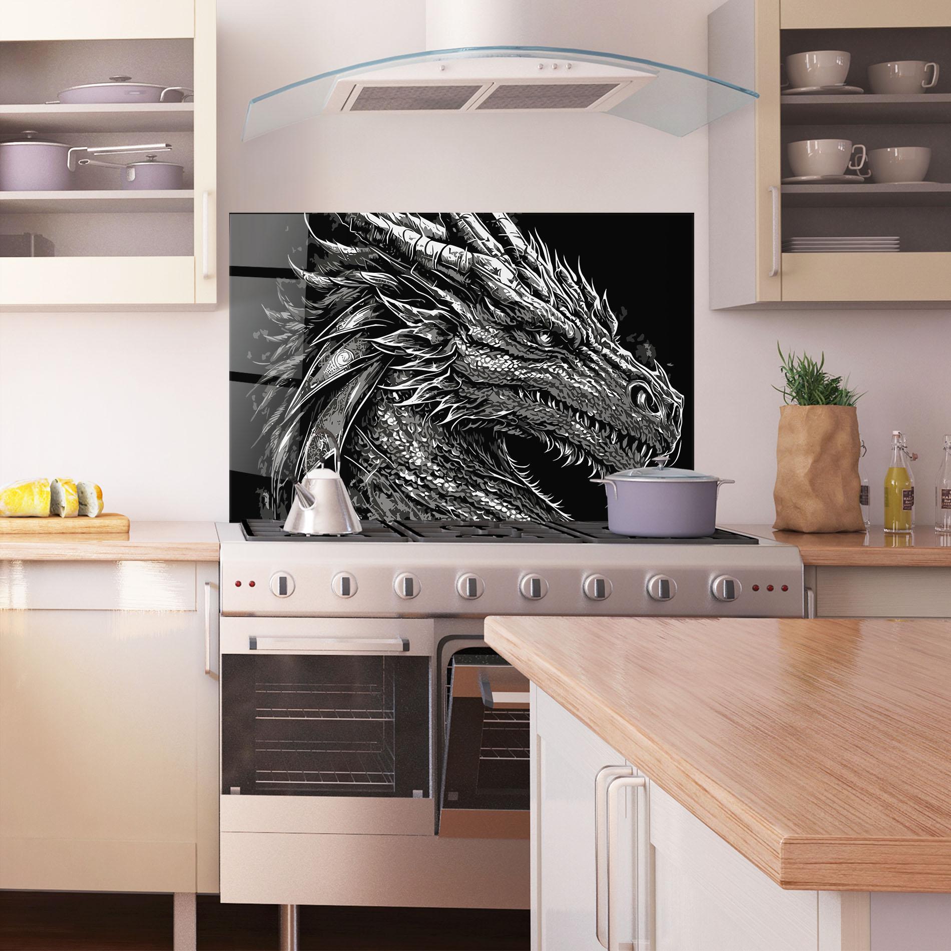 Konyhai üveg hátfal Grey White Dragon mockup 1