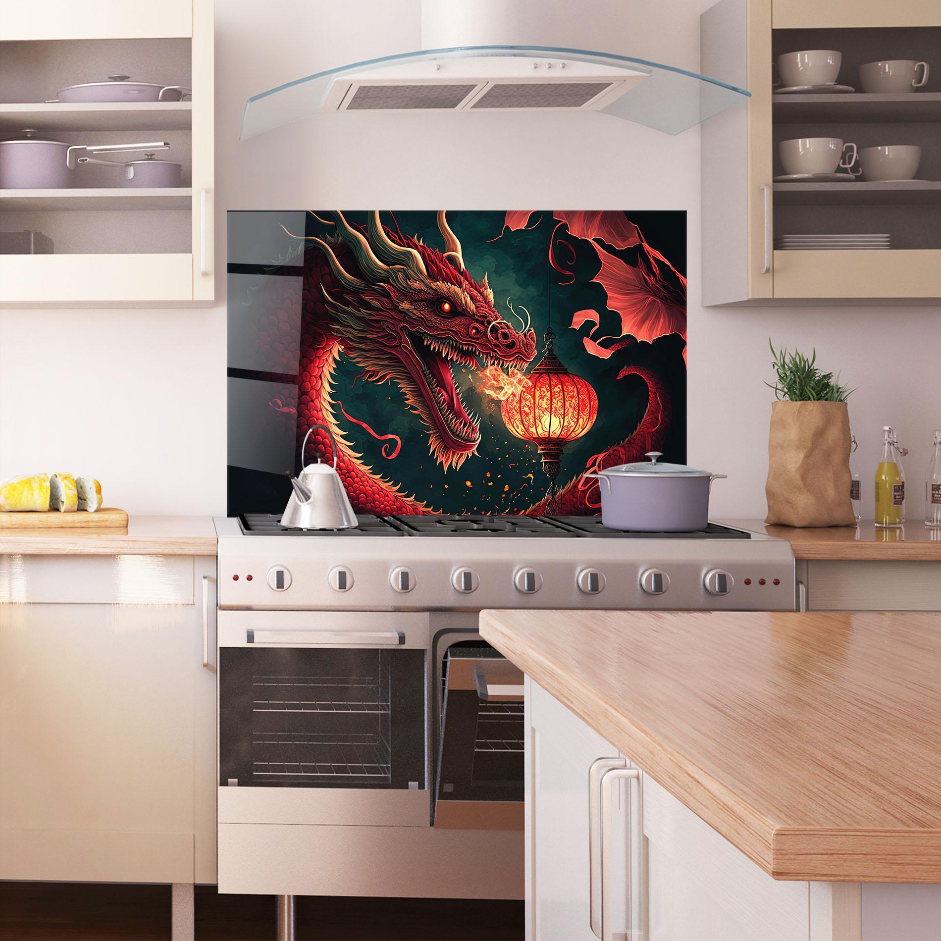 Konyhai üveg hátfal Red Fire Dragon mockup 1