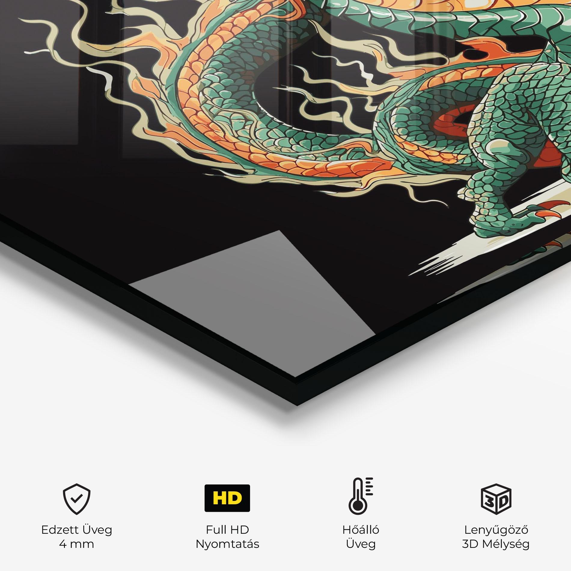 Konyhai üveg hátfal Orange Green Dragon mockup 2