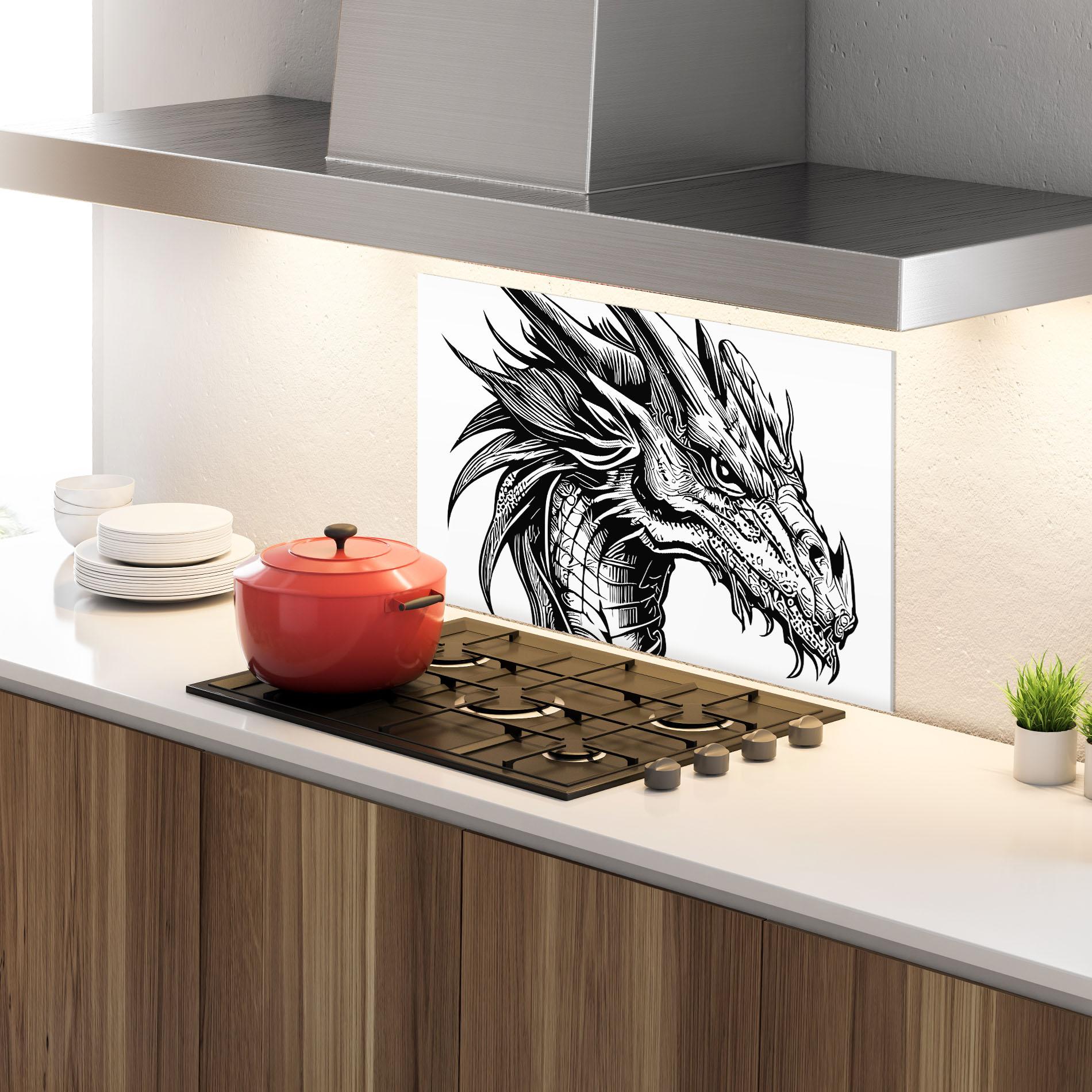 Konyhai üveg hátfal Black Line Dragon mockup 4