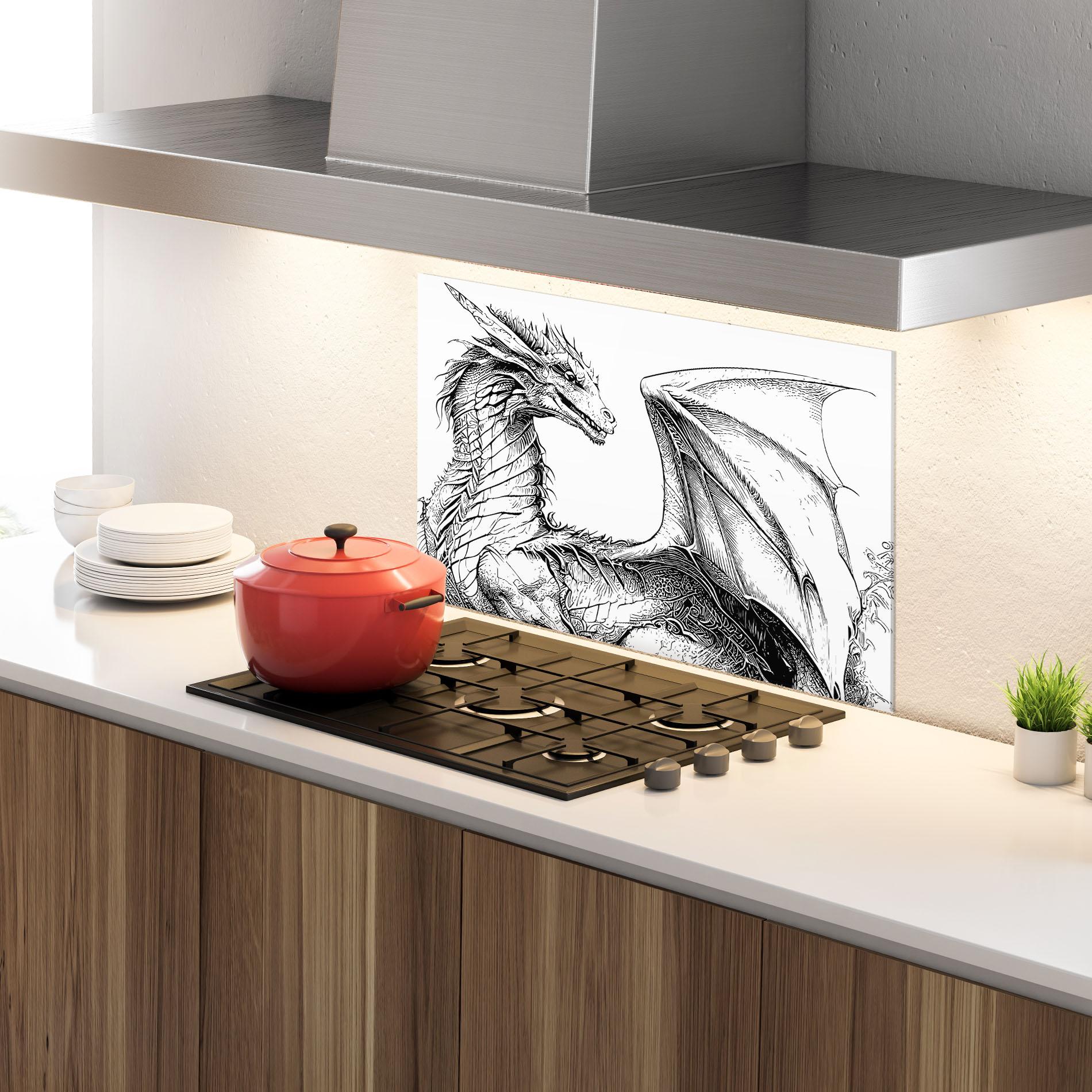 Konyhai üveg hátfal Dragon Sketch mockup 4