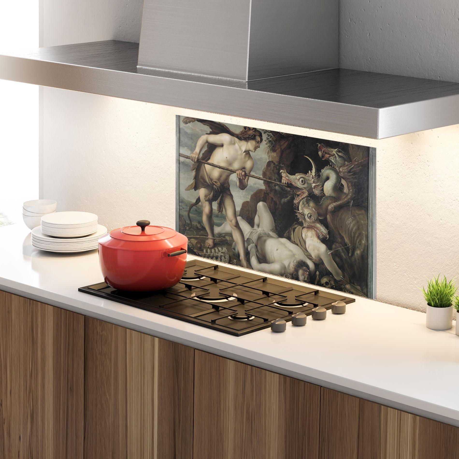 Konyhai üveg hátfal Hunting Dragons mockup 4