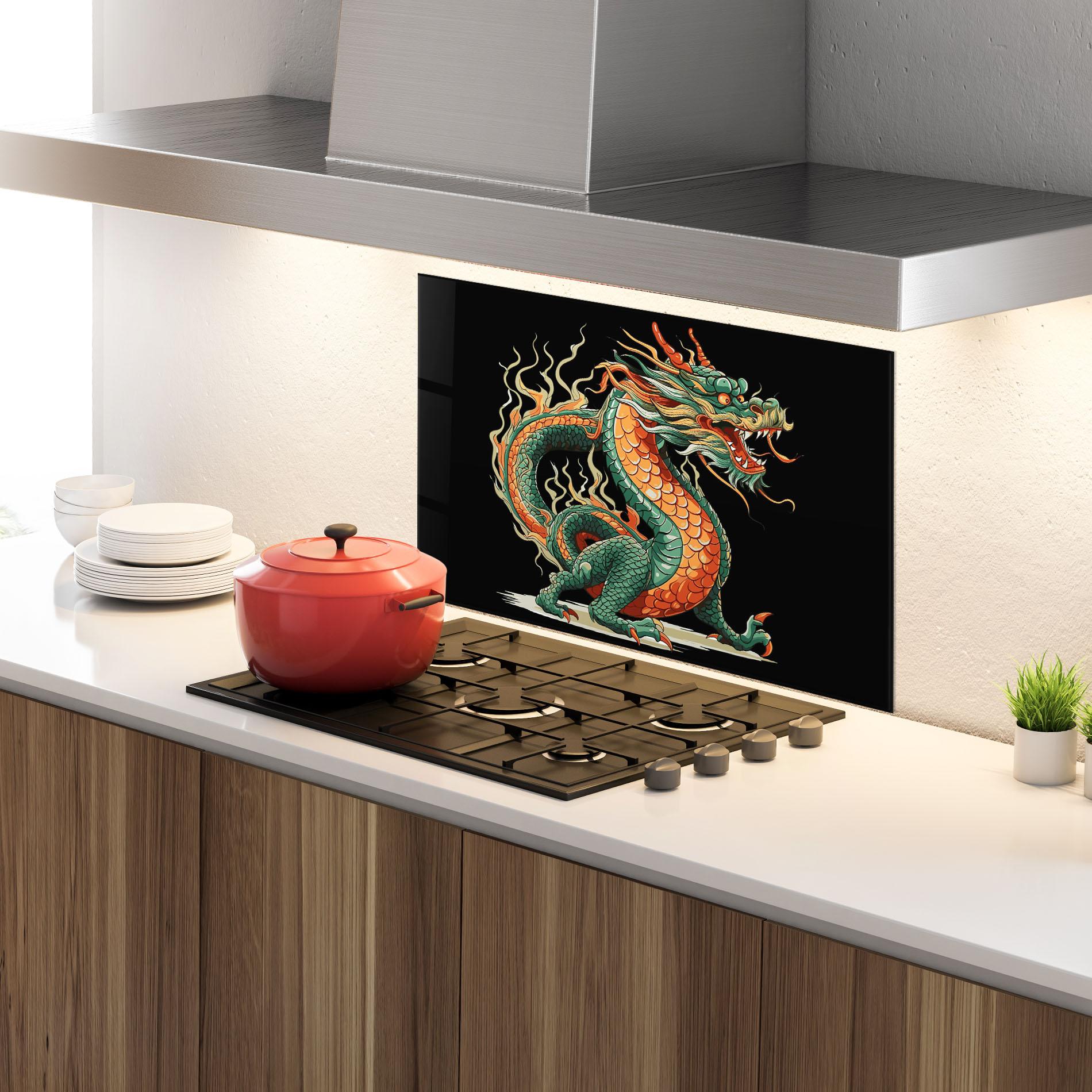 Konyhai üveg hátfal Orange Green Dragon mockup 4