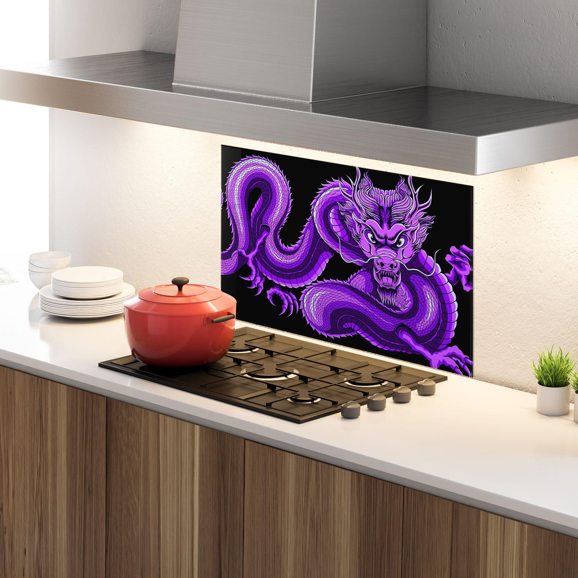 Konyhai üveg hátfal Purple Dragon mockup 4
