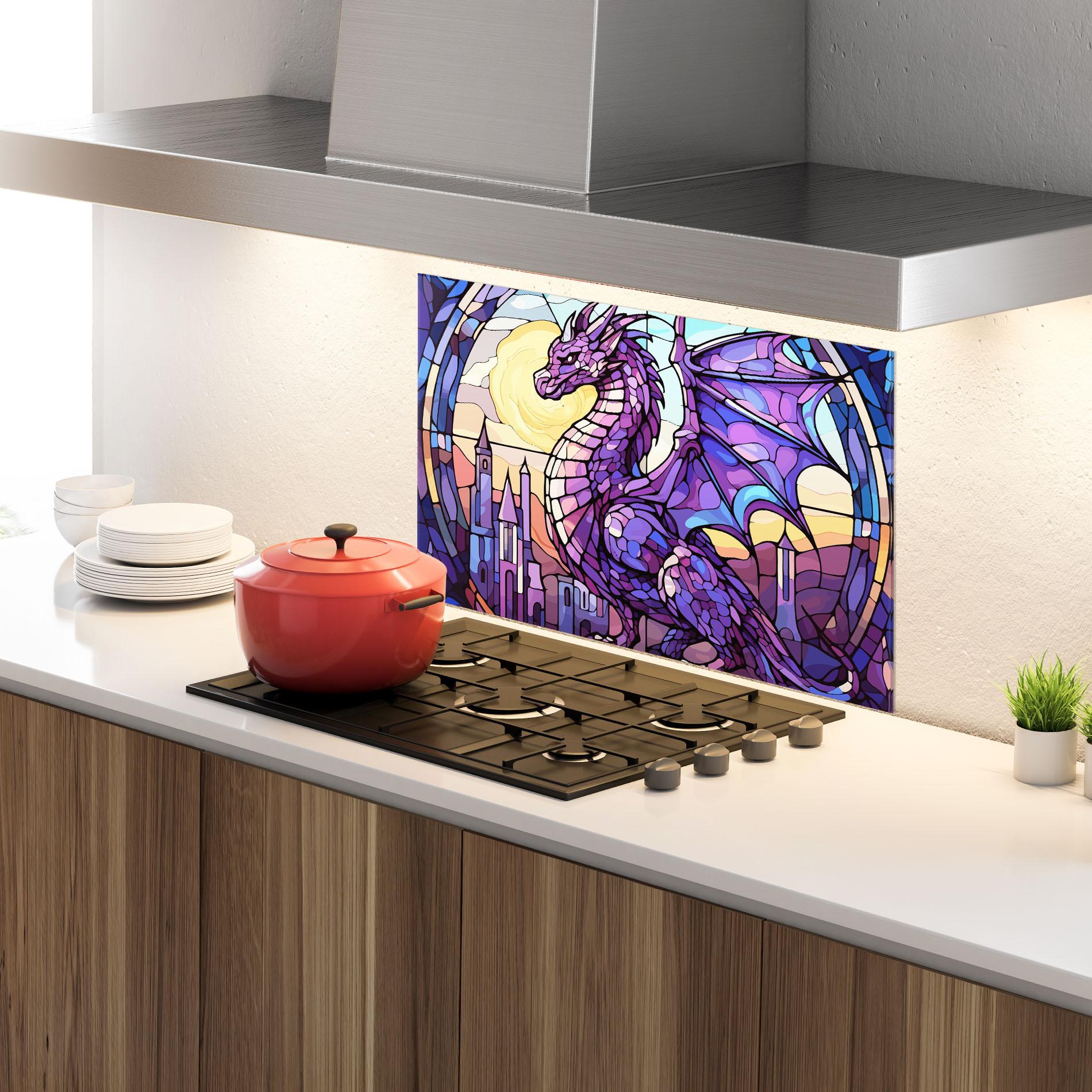 Konyhai üveg hátfal Purple Pretty Dragon mockup 4