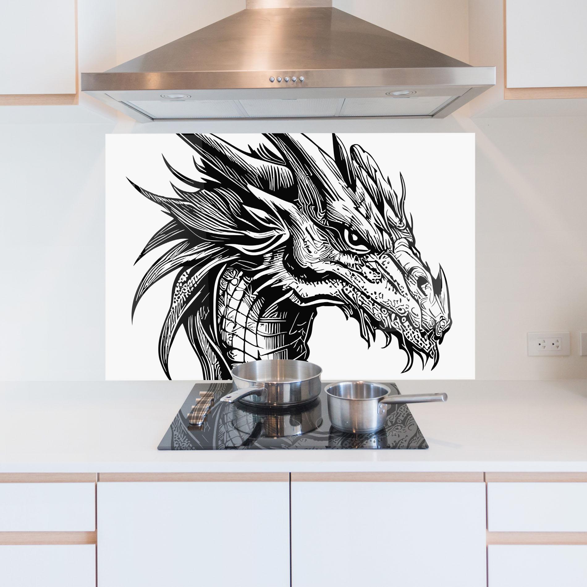 Konyhai üveg hátfal Black Line Dragon mockup 5