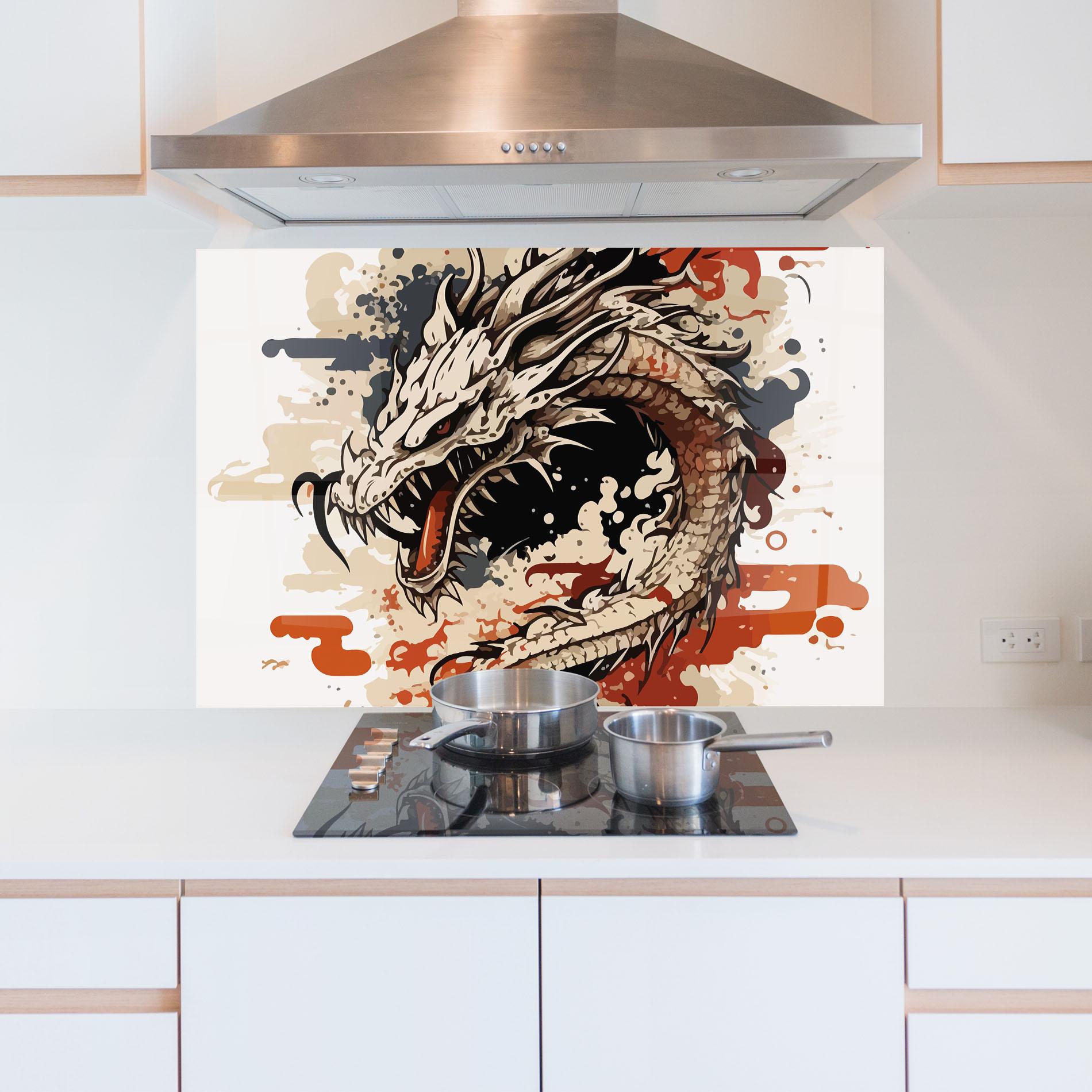 Konyhai üveg hátfal Cream Dragon Art mockup 5