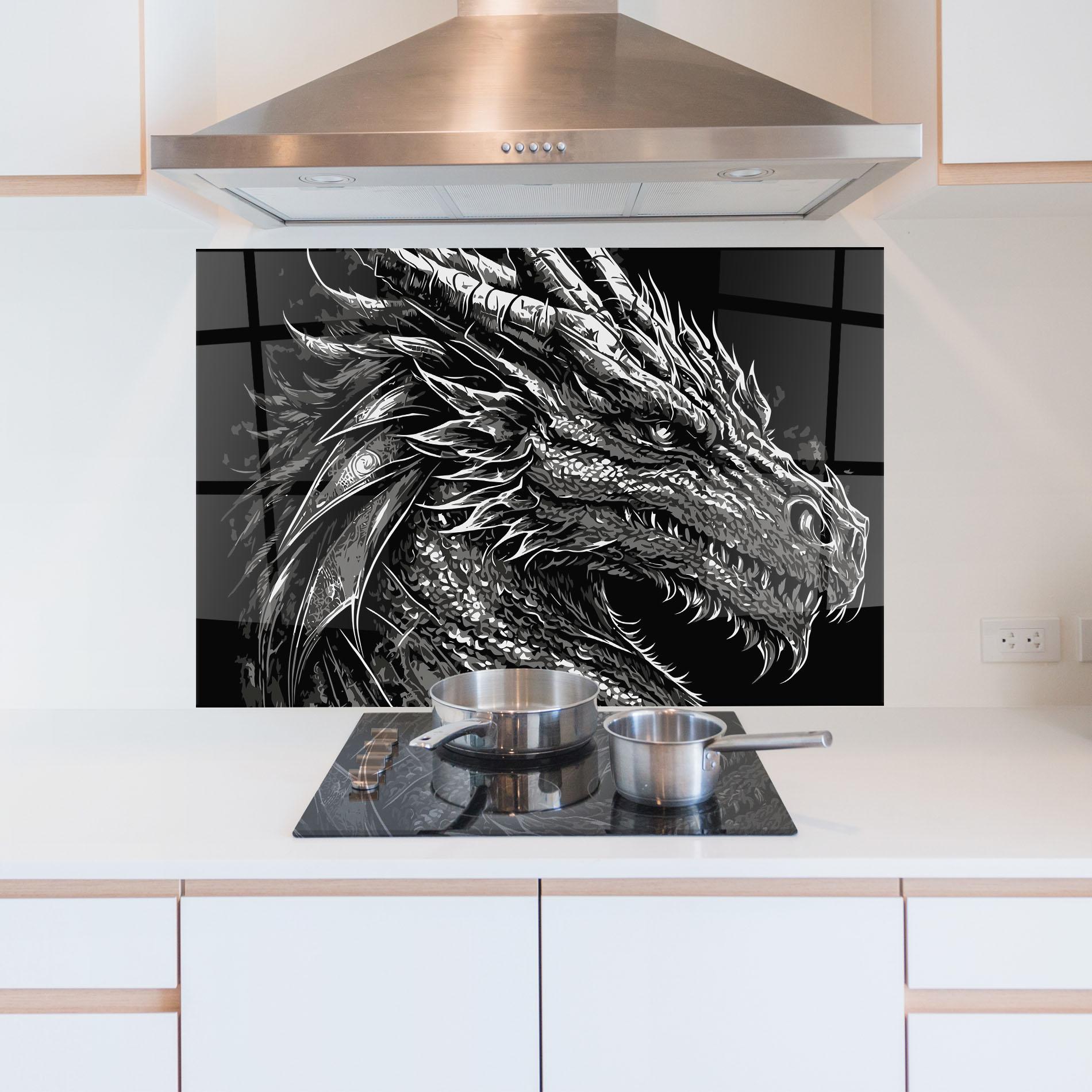 Konyhai üveg hátfal Grey White Dragon mockup 5