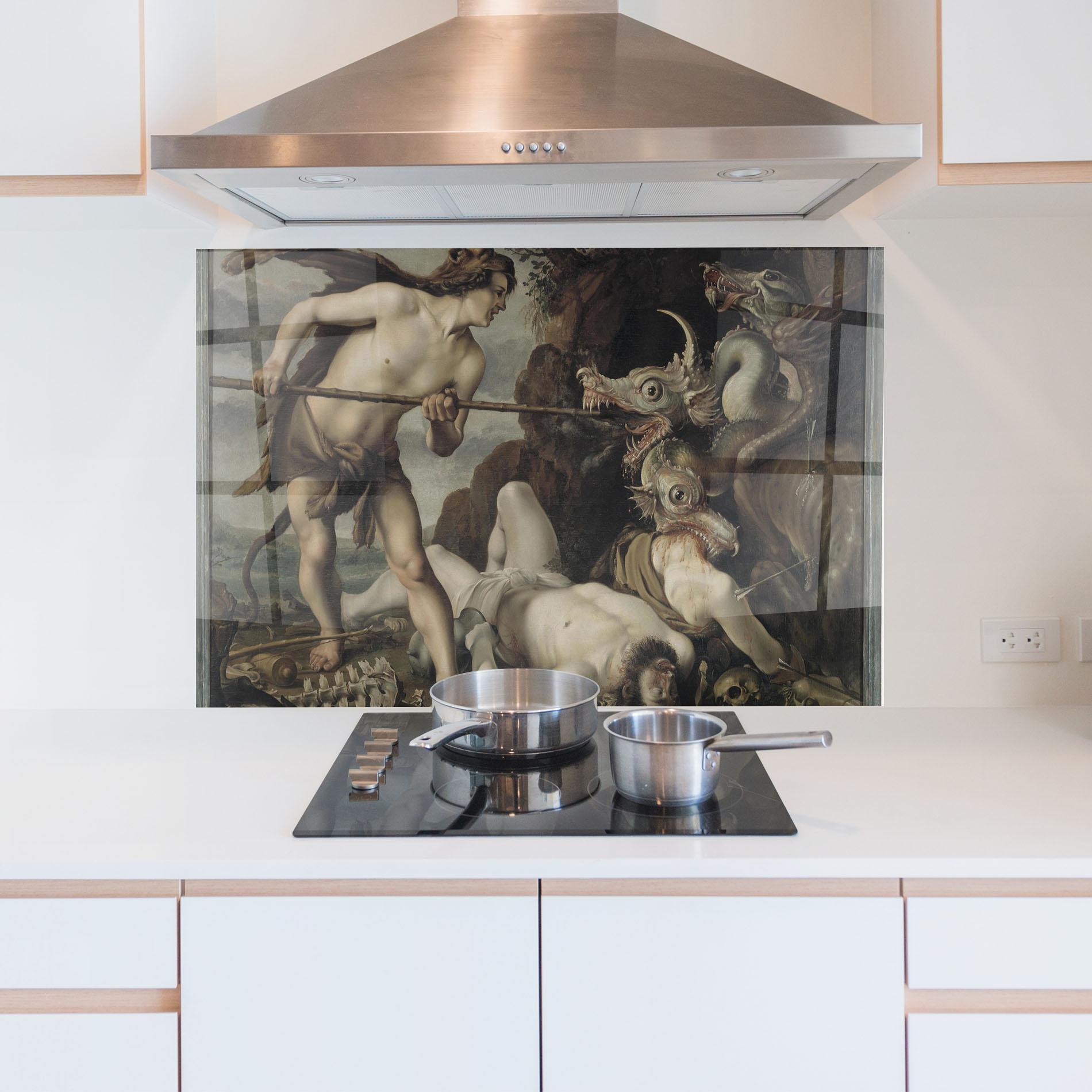 Konyhai üveg hátfal Hunting Dragons mockup 5