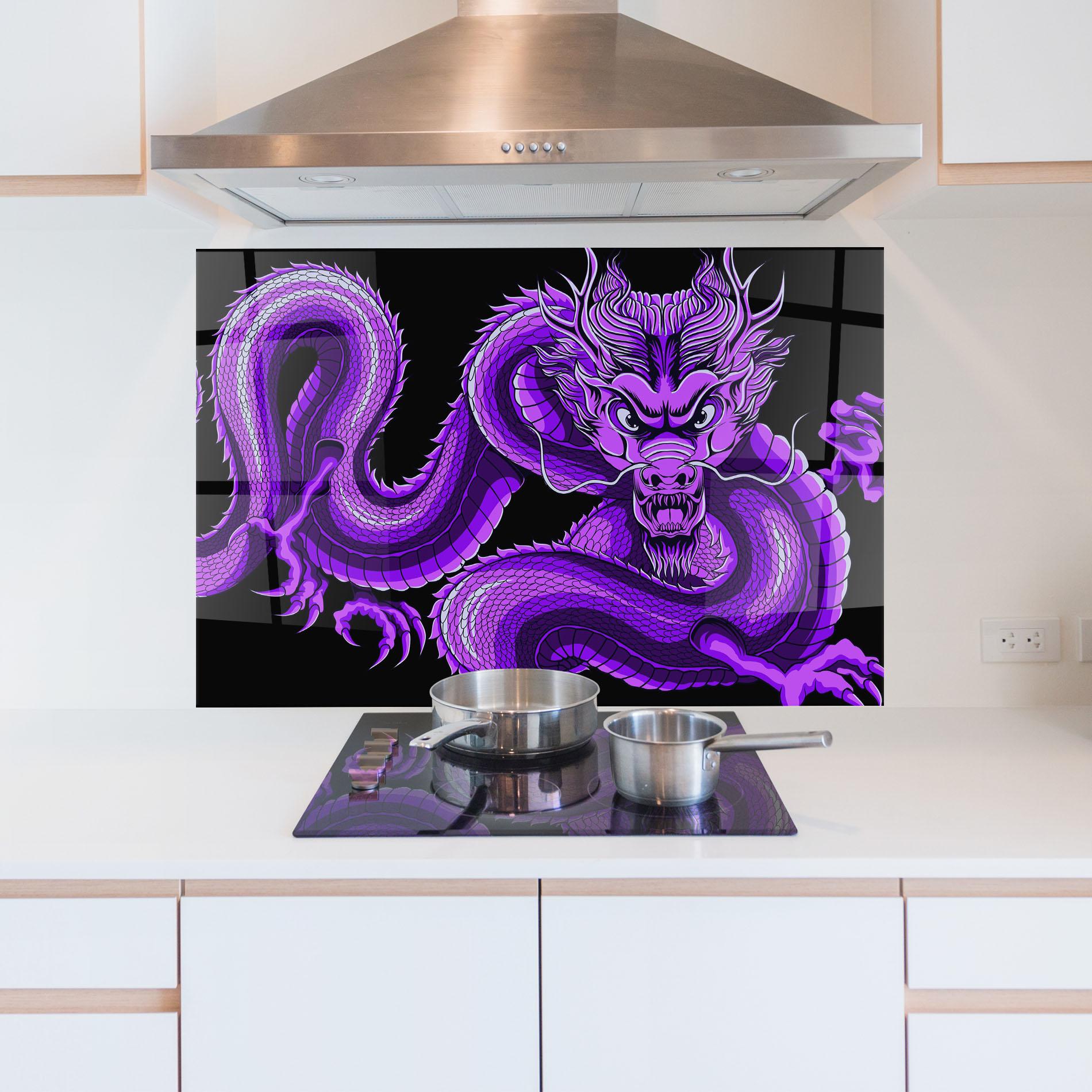 Konyhai üveg hátfal Purple Dragon mockup 5
