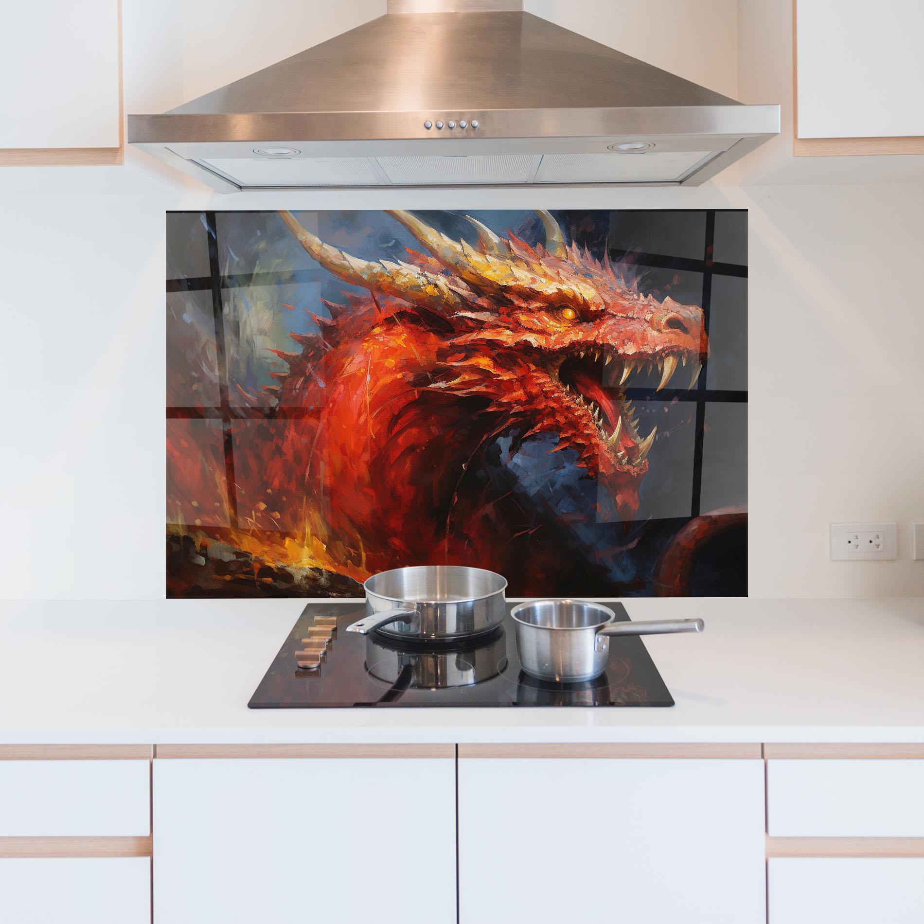 Konyhai üveg hátfal Red Dragon Painting mockup 5
