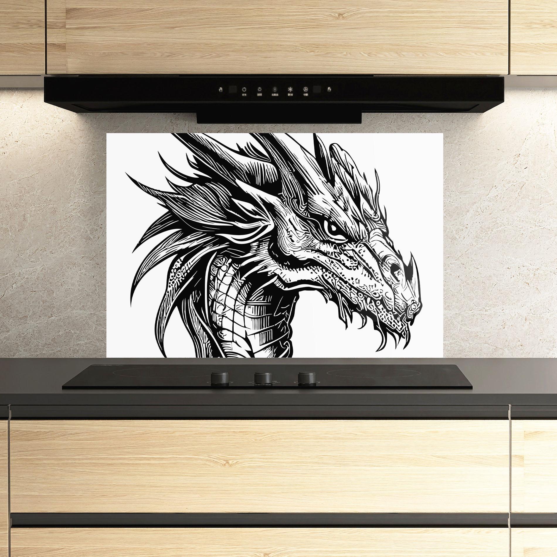Konyhai üveg hátfal Black Line Dragon mockup 3