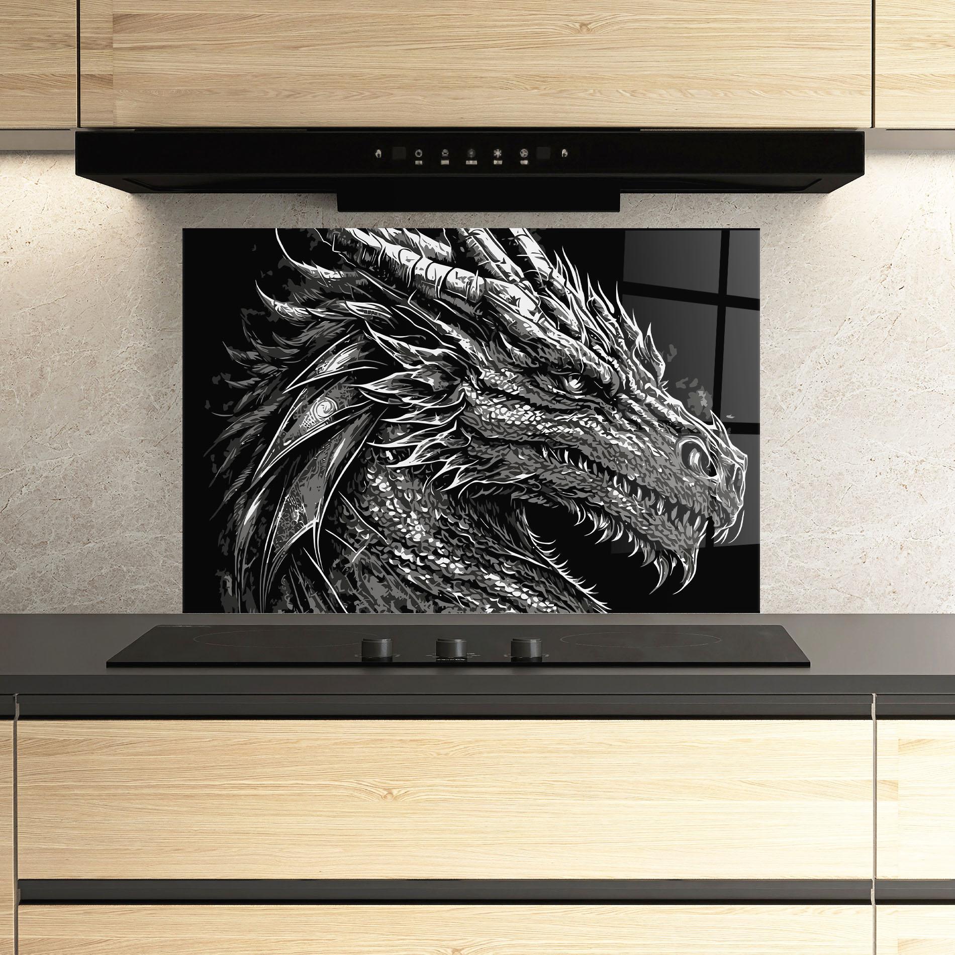 Konyhai üveg hátfal Grey White Dragon mockup 3