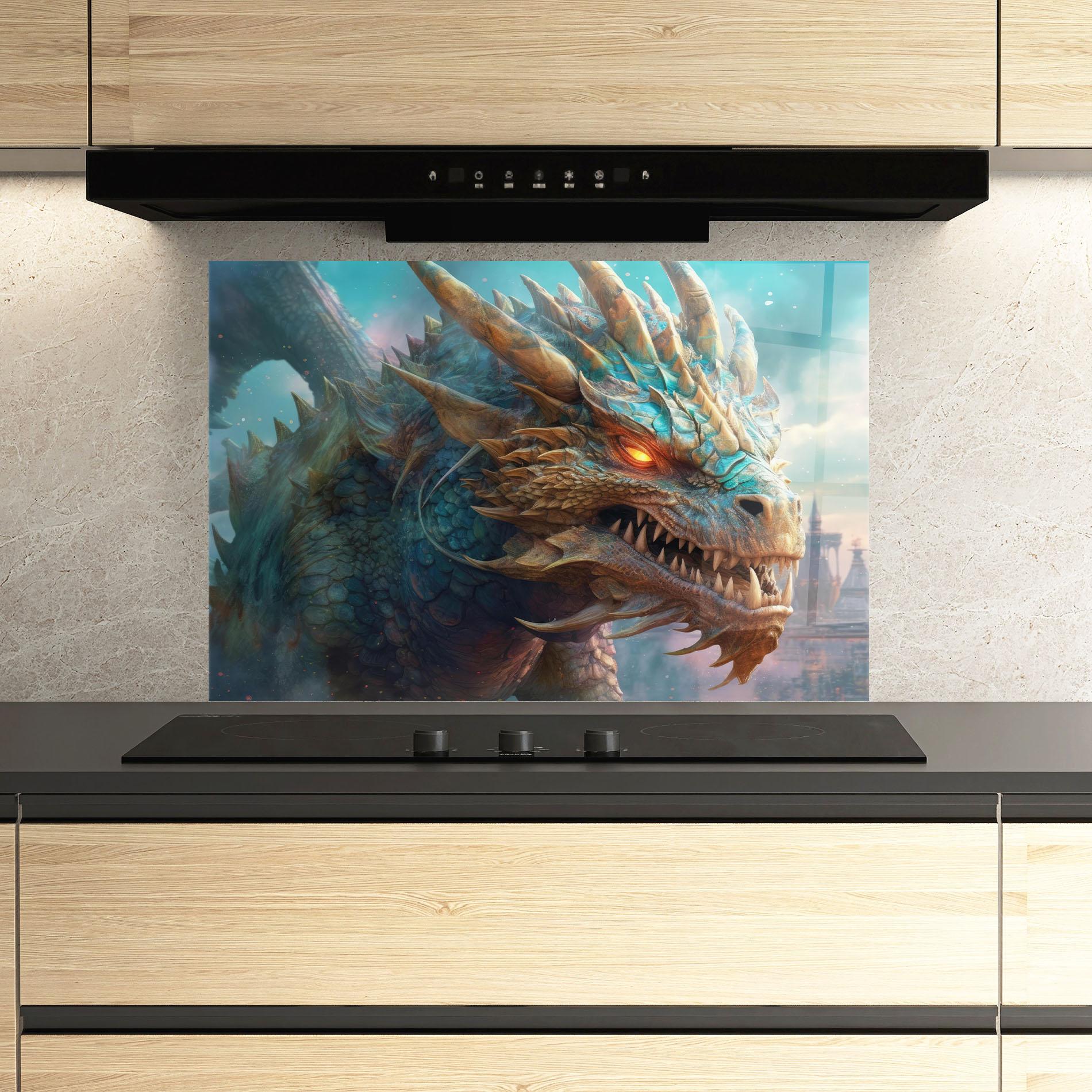 Konyhai üveg hátfal Pretty Blue Dragon mockup 3
