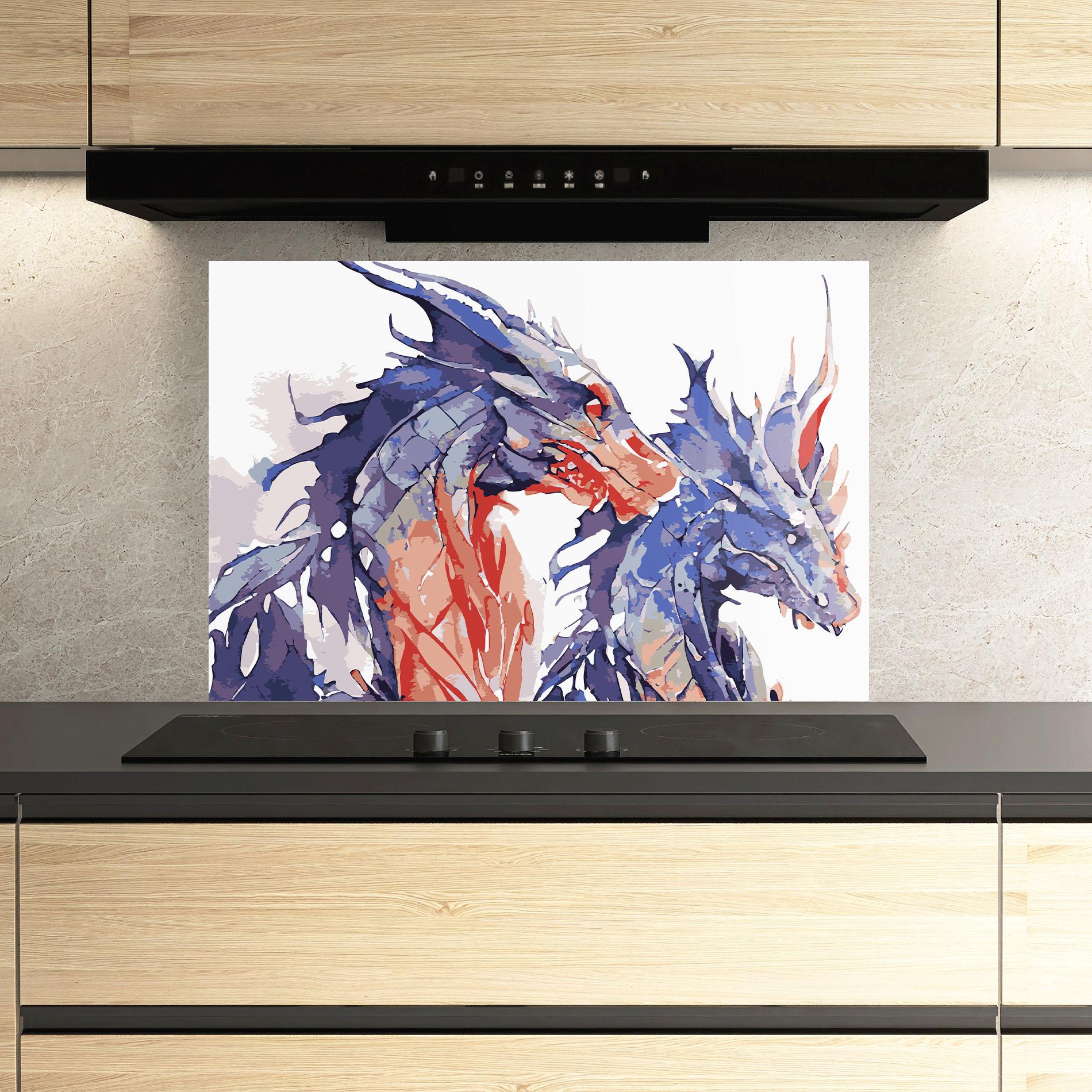 Konyhai üveg hátfal Purple Orange Dragon mockup 3