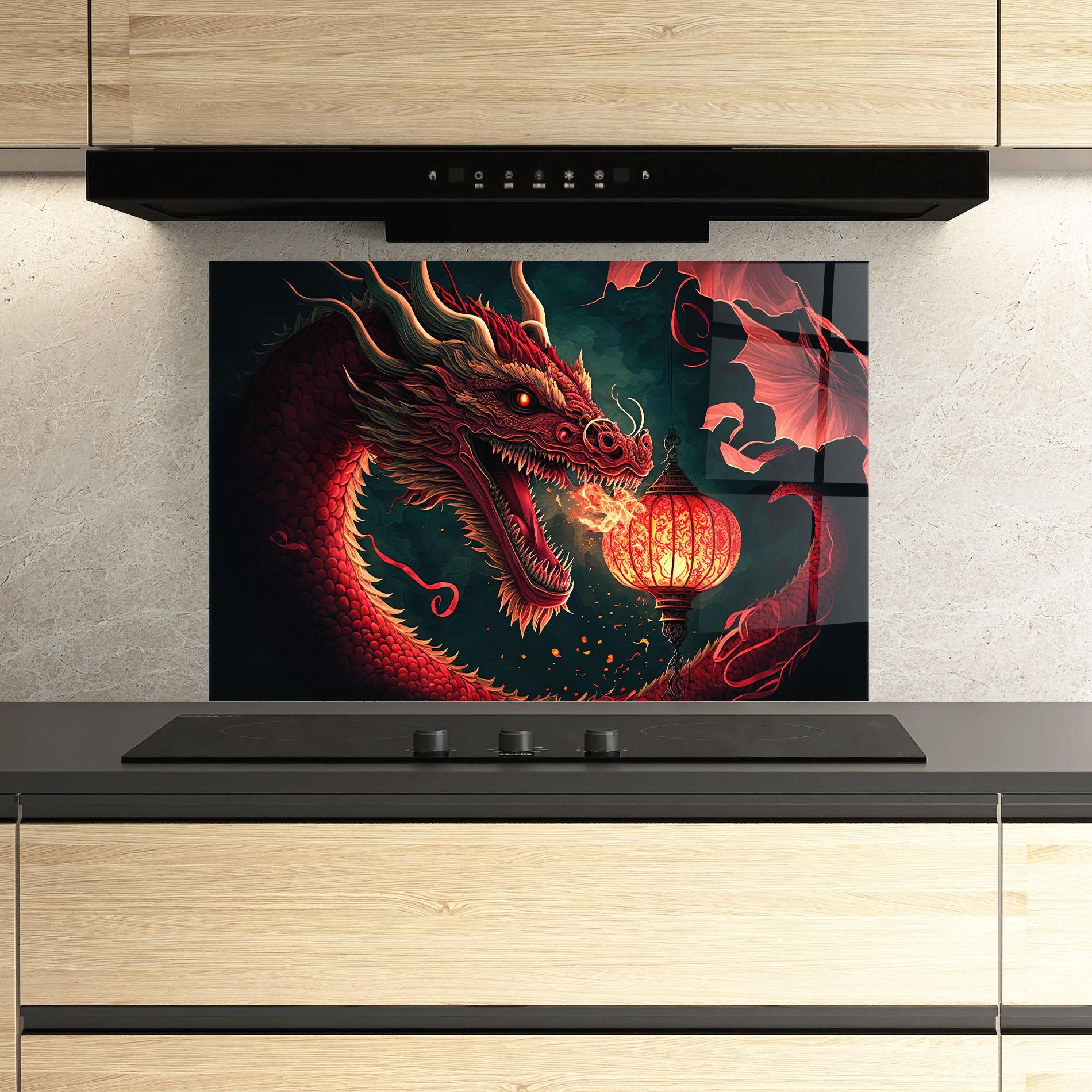 Konyhai üveg hátfal Red Fire Dragon mockup 3