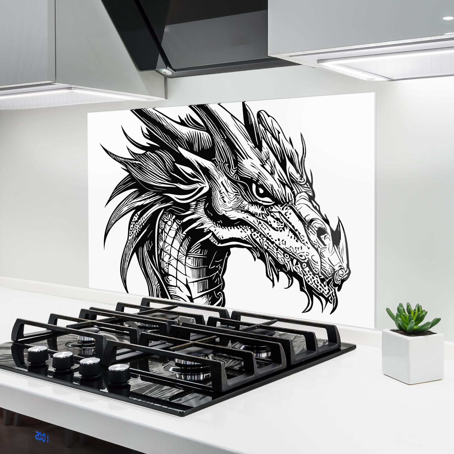Konyhai üveg hátfal Black Line Dragon mockup 6
