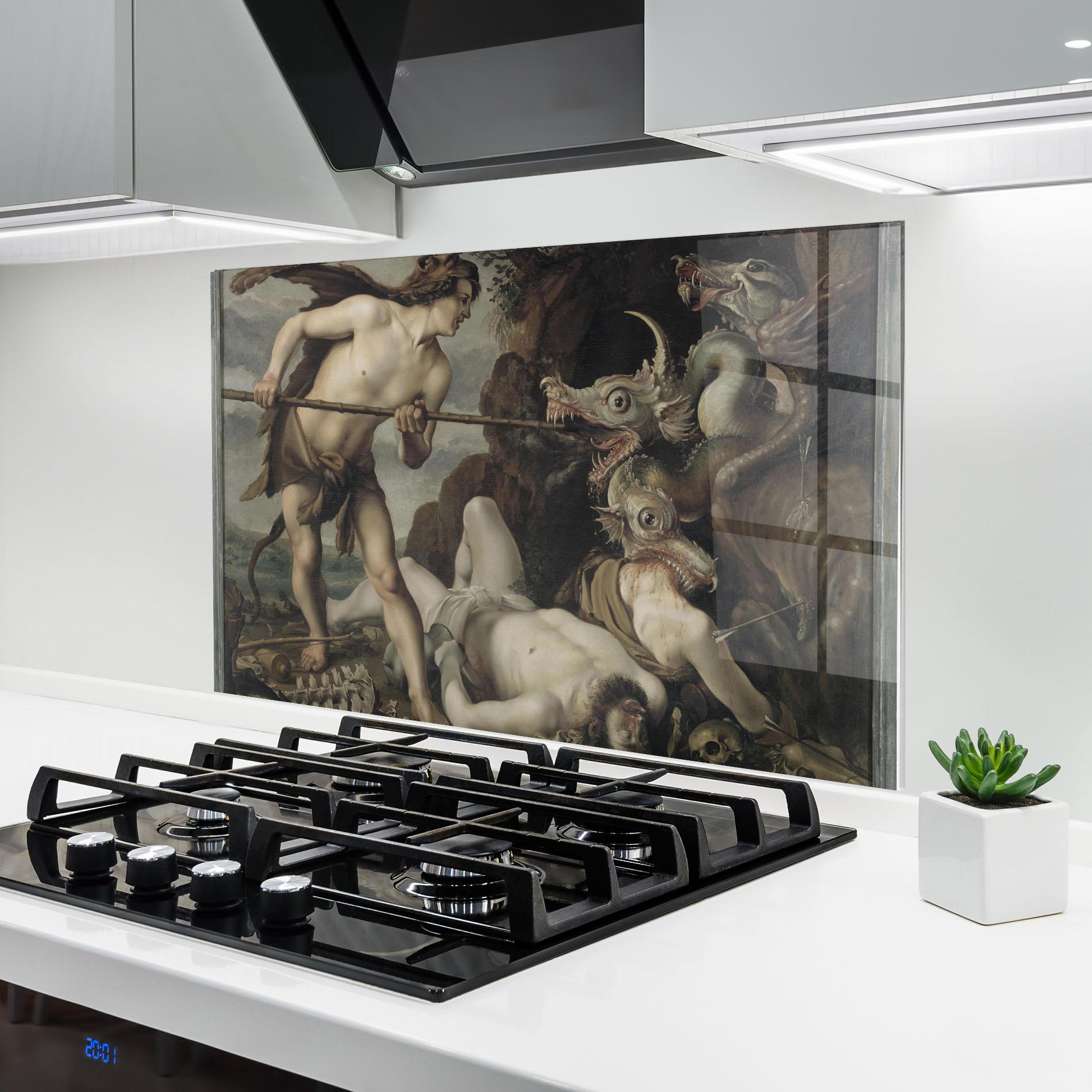 Konyhai üveg hátfal Hunting Dragons mockup 6