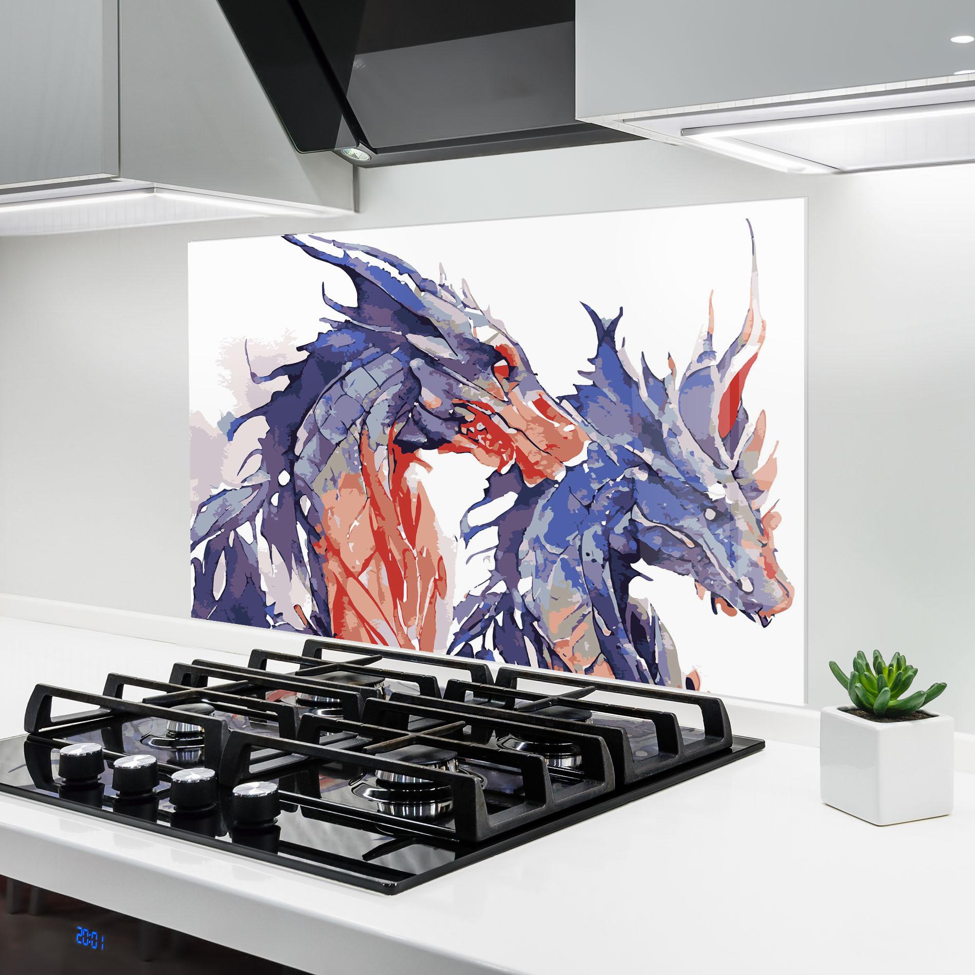 Konyhai üveg hátfal Purple Orange Dragon mockup 6