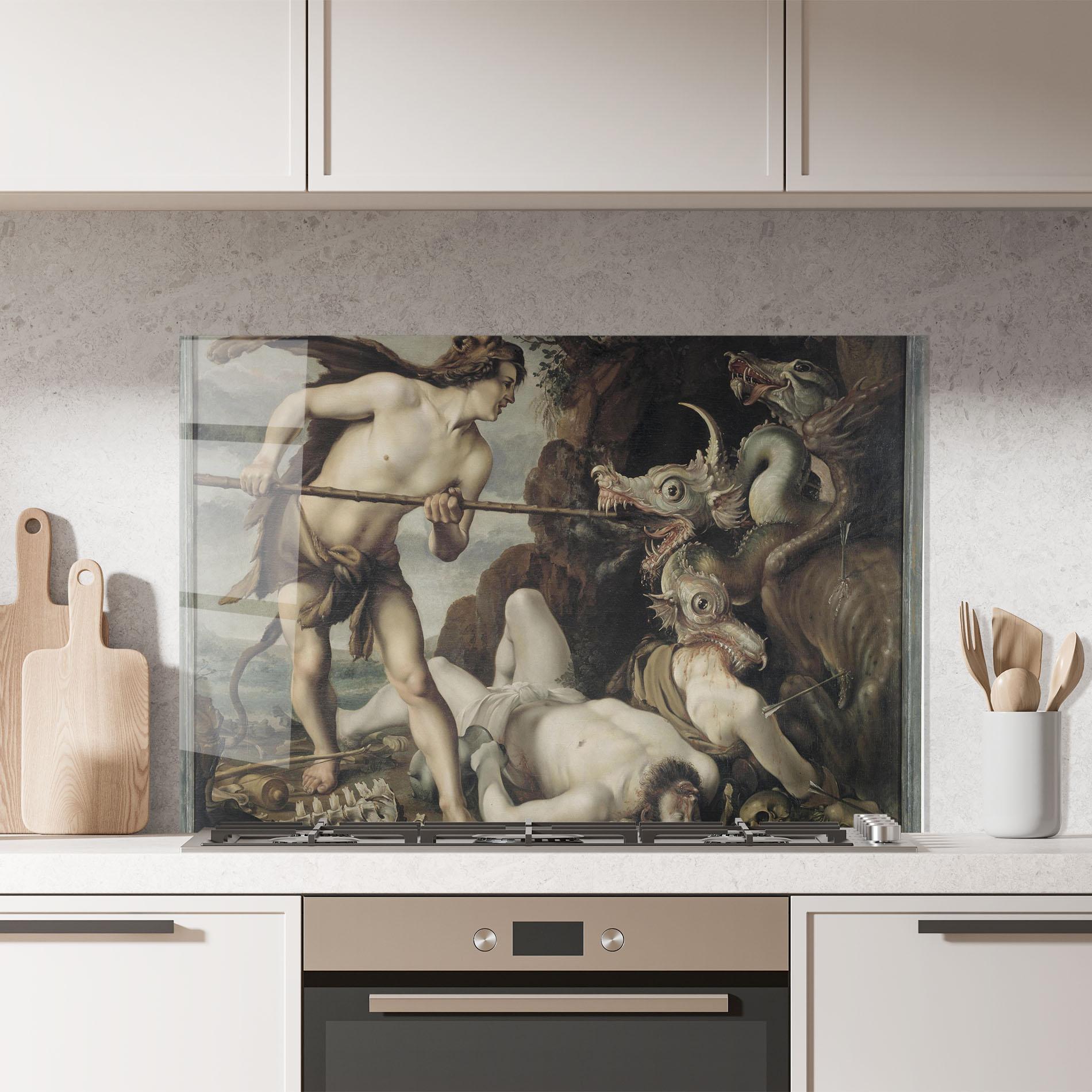 Konyhai üveg hátfal Hunting Dragons mockup 7