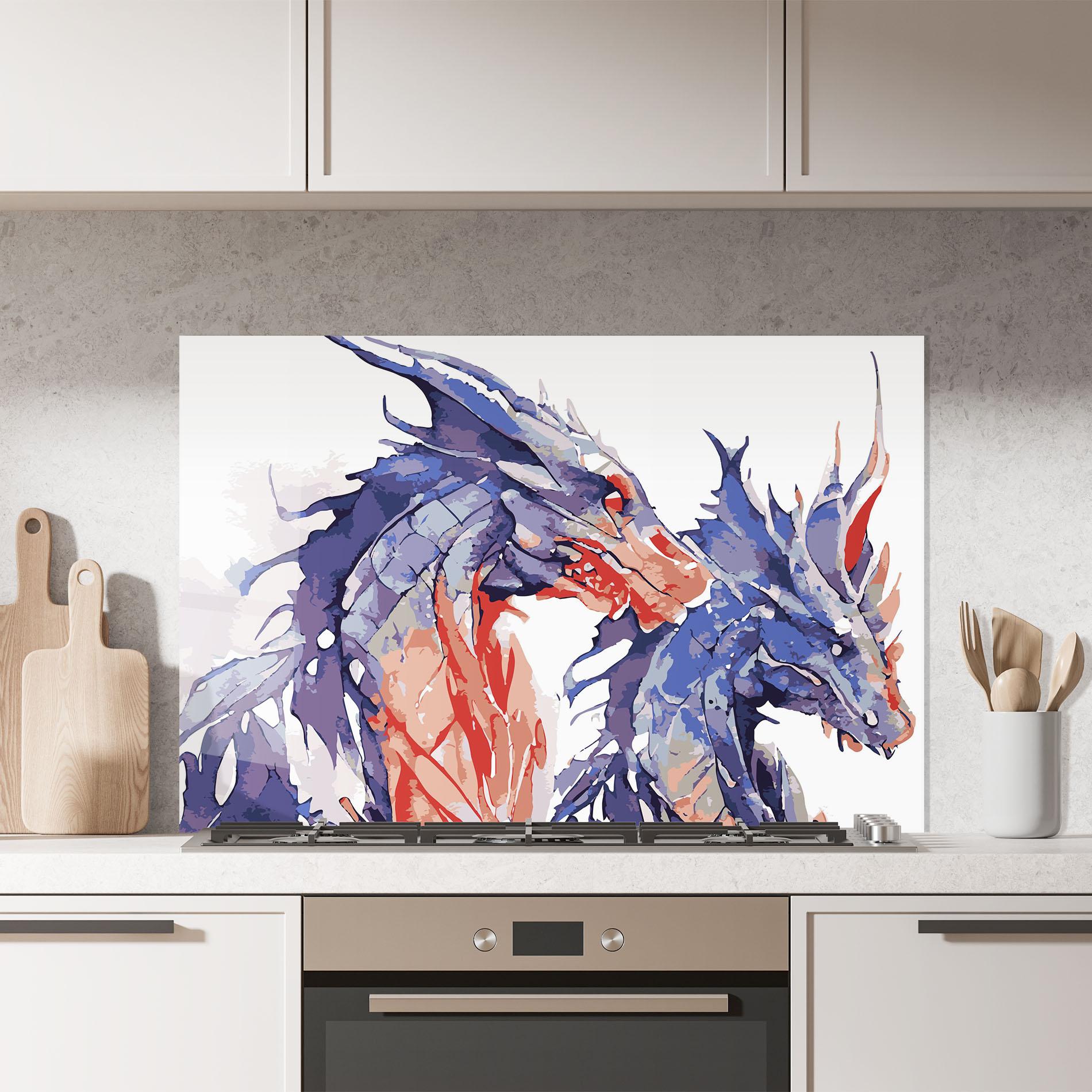 Konyhai üveg hátfal Purple Orange Dragon mockup 7