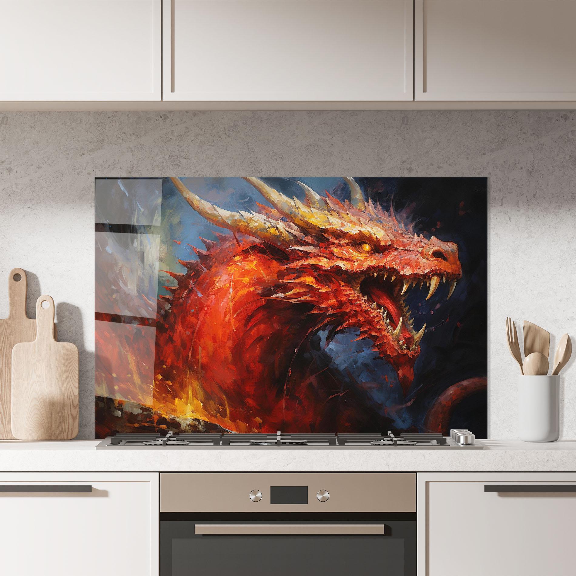 Konyhai üveg hátfal Red Dragon Painting mockup 7