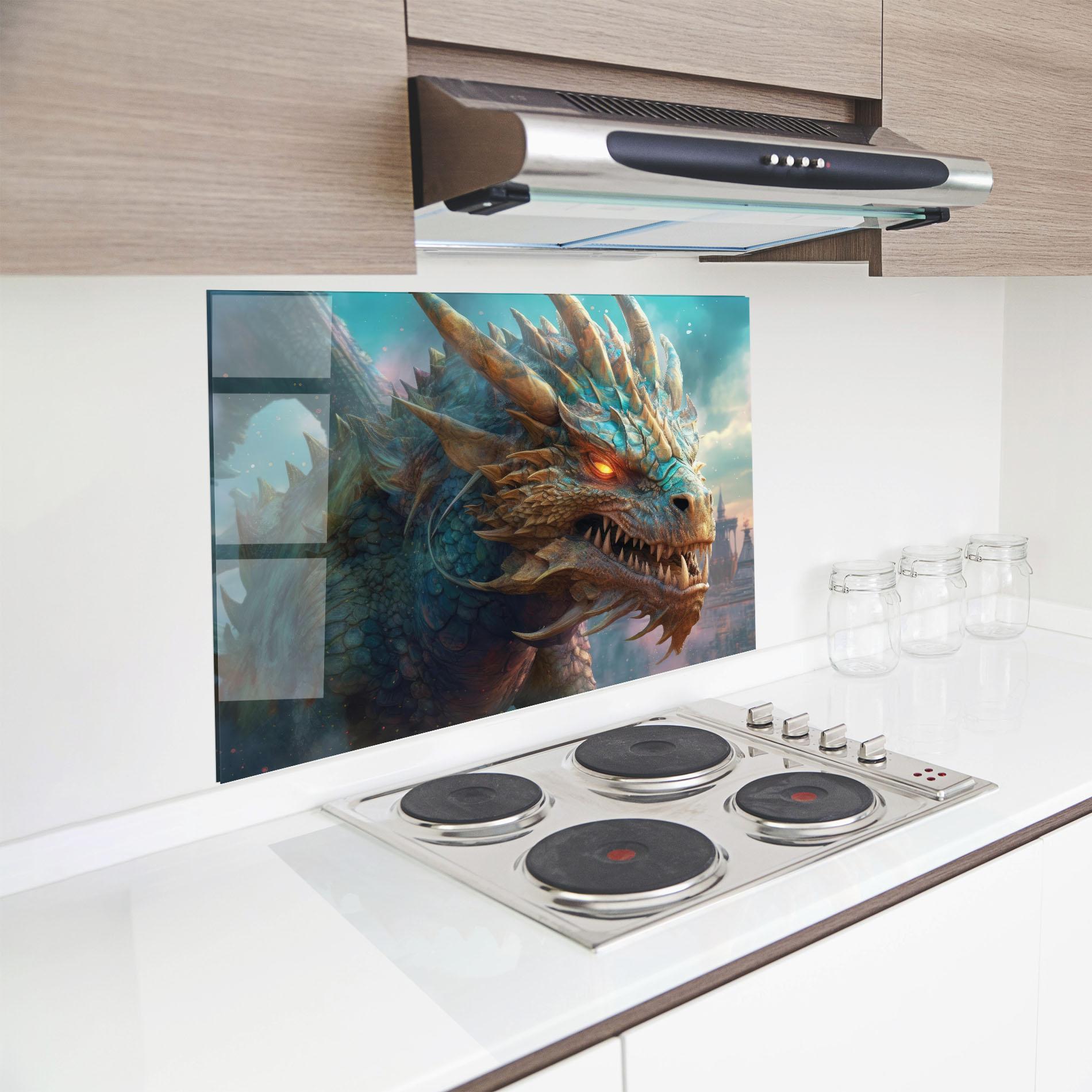 Konyhai üveg hátfal Pretty Blue Dragon mockup 8