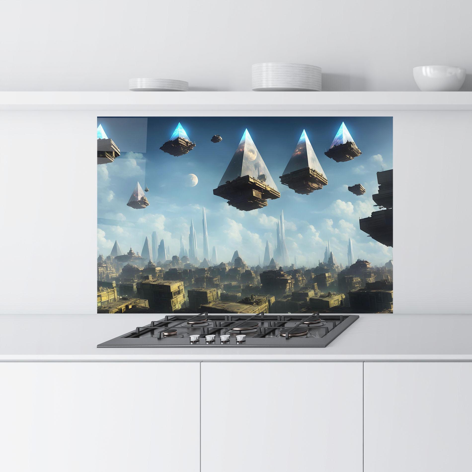 Konyhai üveg hátfal Flying Piramids mockup 9