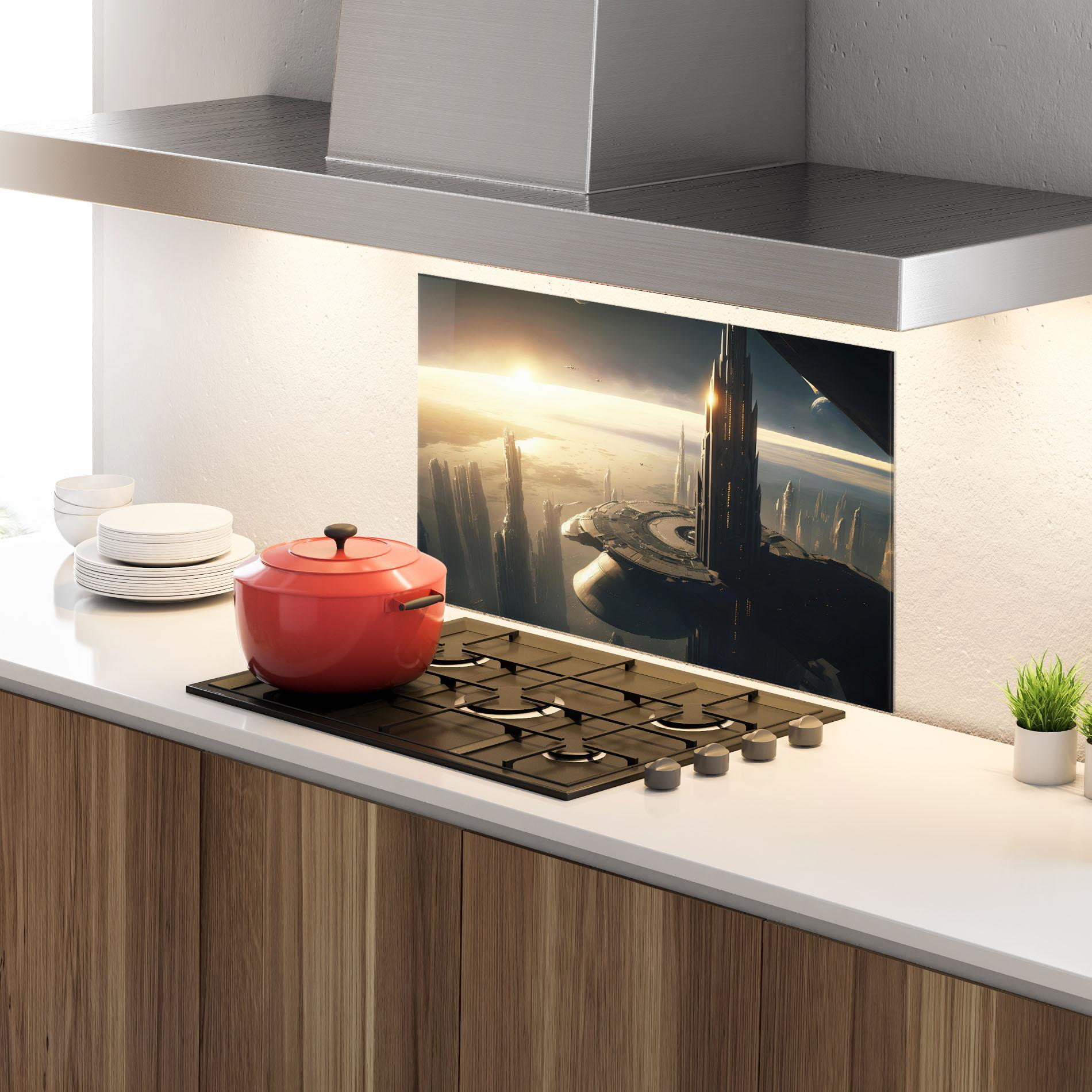 Konyhai üveg hátfal Fantasy Futuristic Cityscape mockup 4