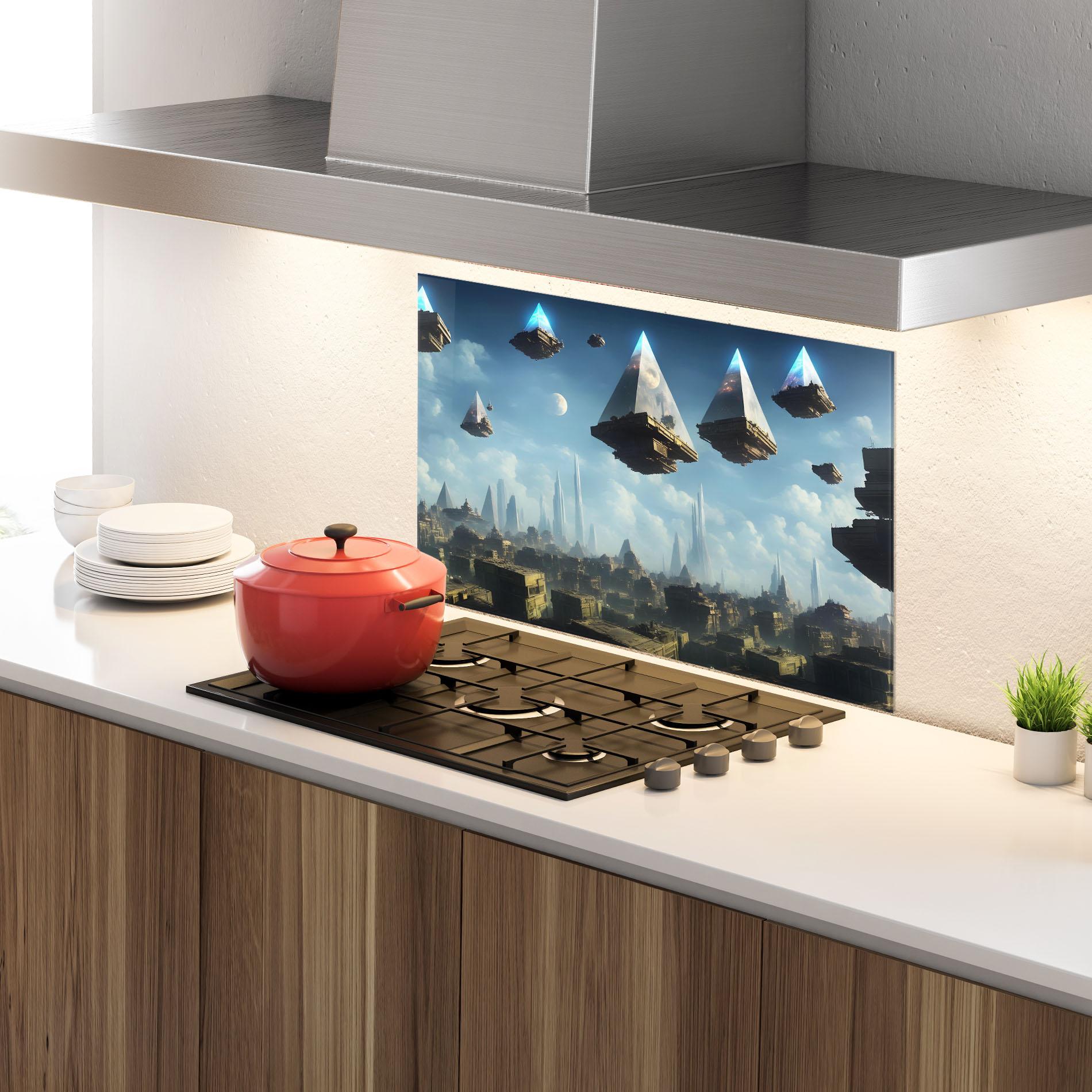 Konyhai üveg hátfal Flying Piramids mockup 4